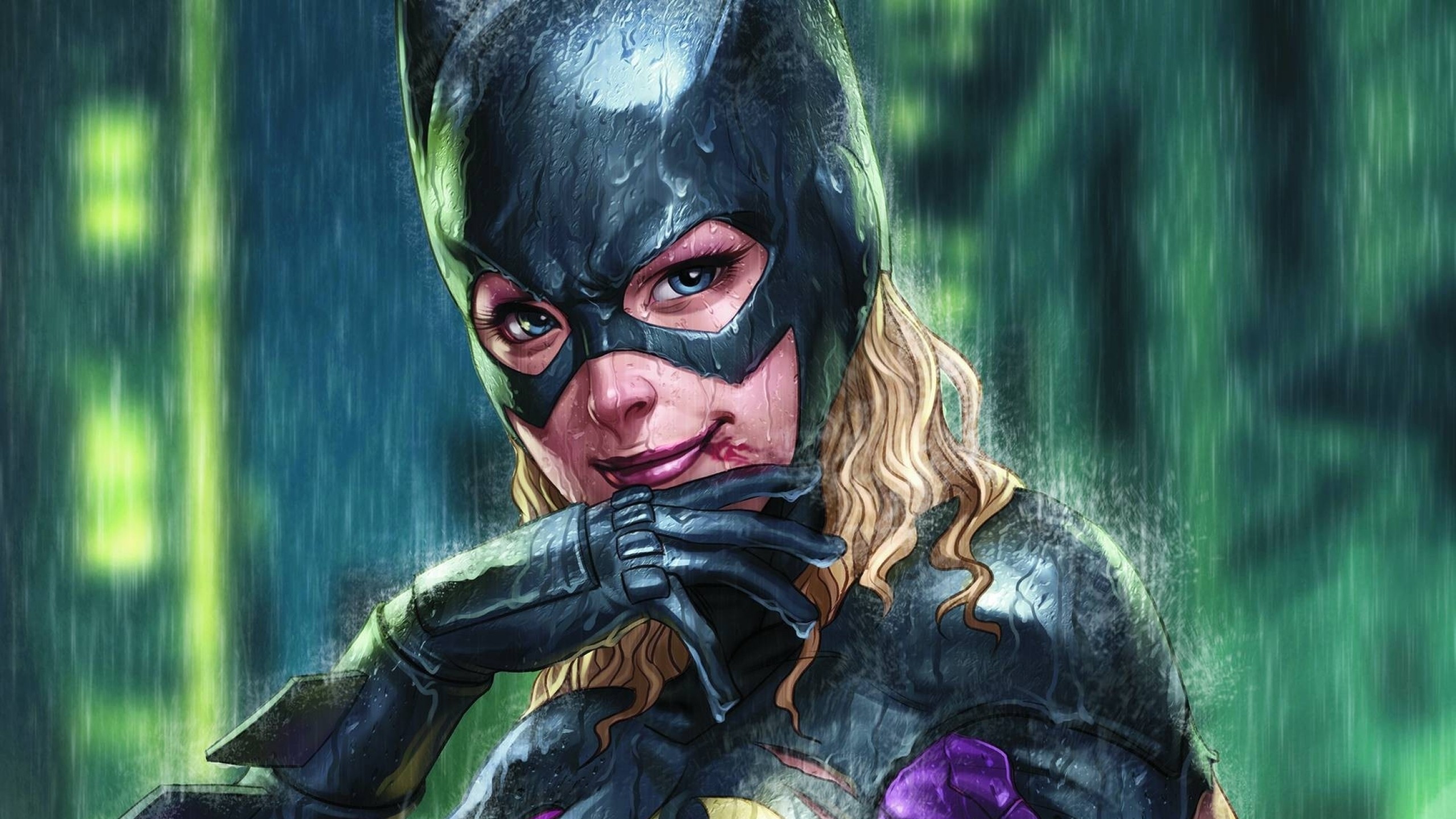 General 2560x1440 Batgirl superheroines DC Comics comics women face rain blonde blood mask comic art