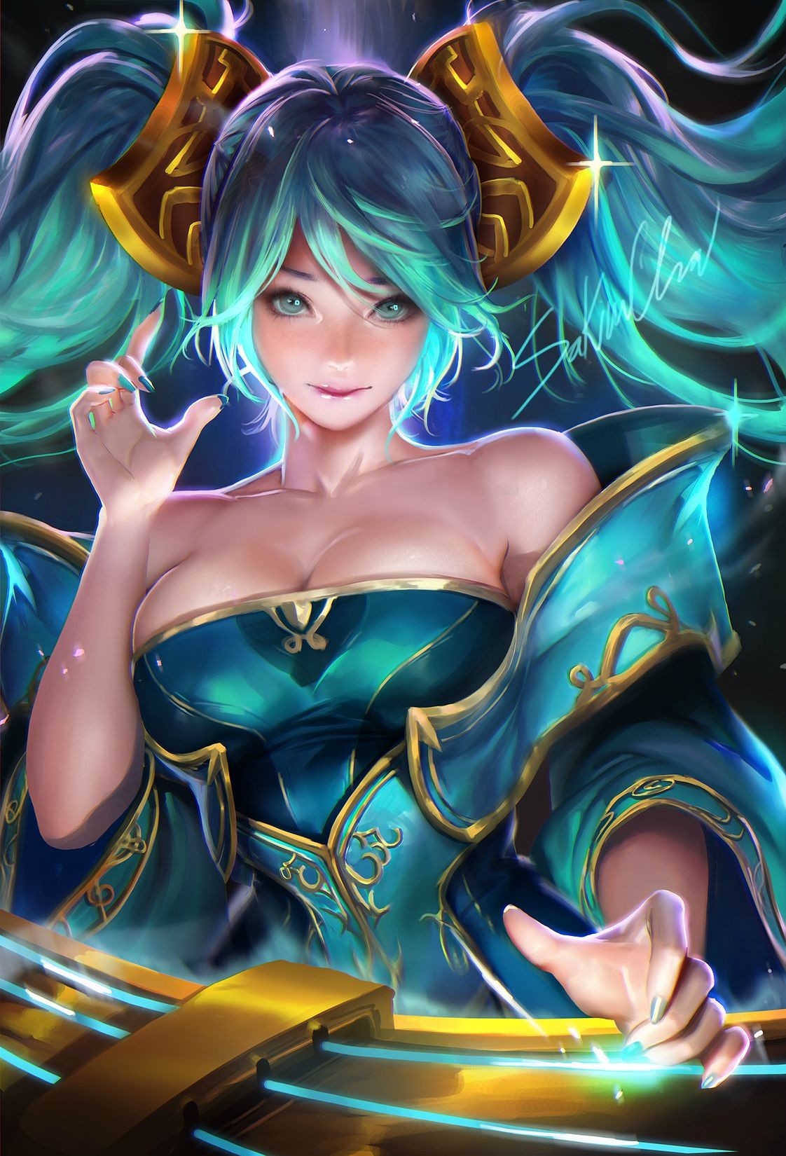 Anime 1122x1650 Sakimichan League of Legends realistic boobs big boobs cyan hair long hair anime girls anime looking at viewer fantasy art fantasy girl women PC gaming video game girls Sona (League of Legends) painted nails