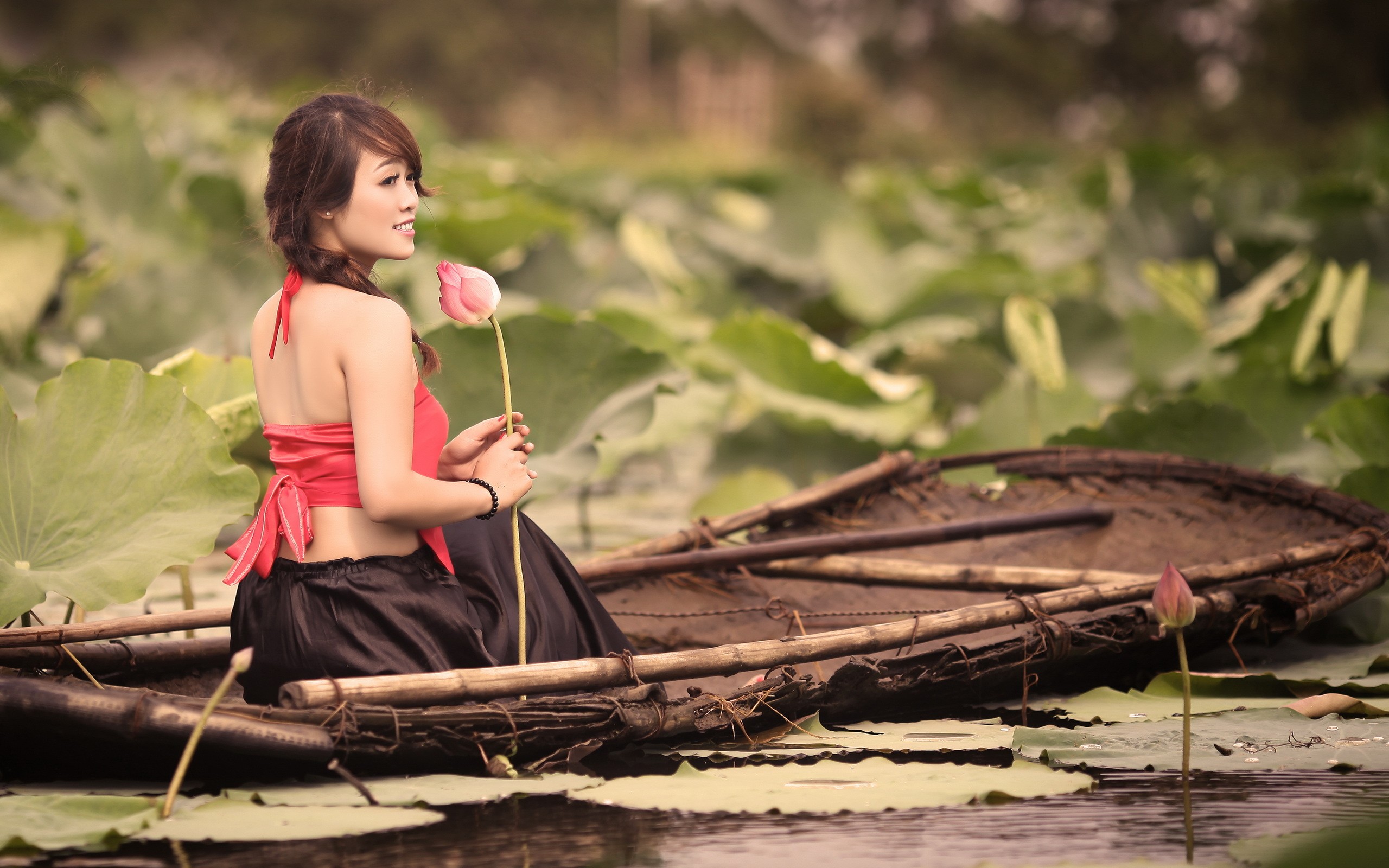 People 2560x1600 women model brunette long hair women outdoors Asian boat water sitting smiling flowers bare shoulders skirt