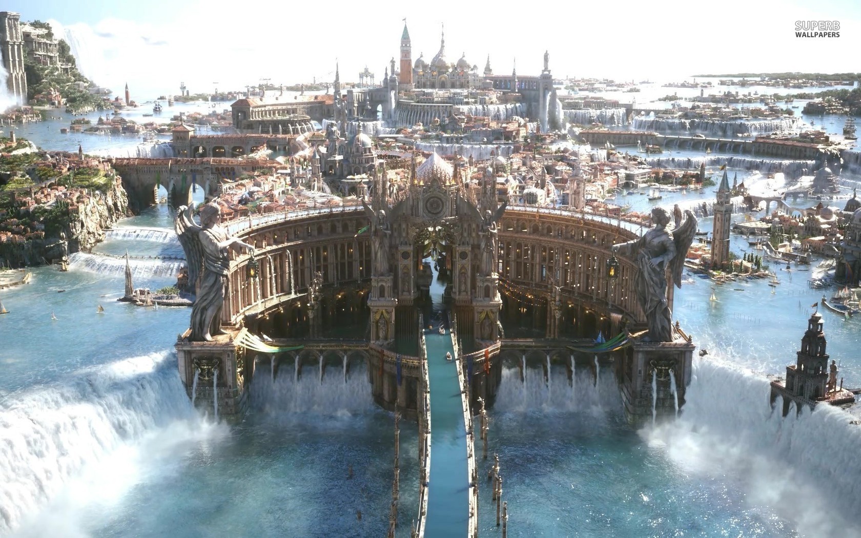 General 1680x1050 cityscape digital art lake castle city fantasy art waterfall fantasy city Final Fantasy XV video games Altissia