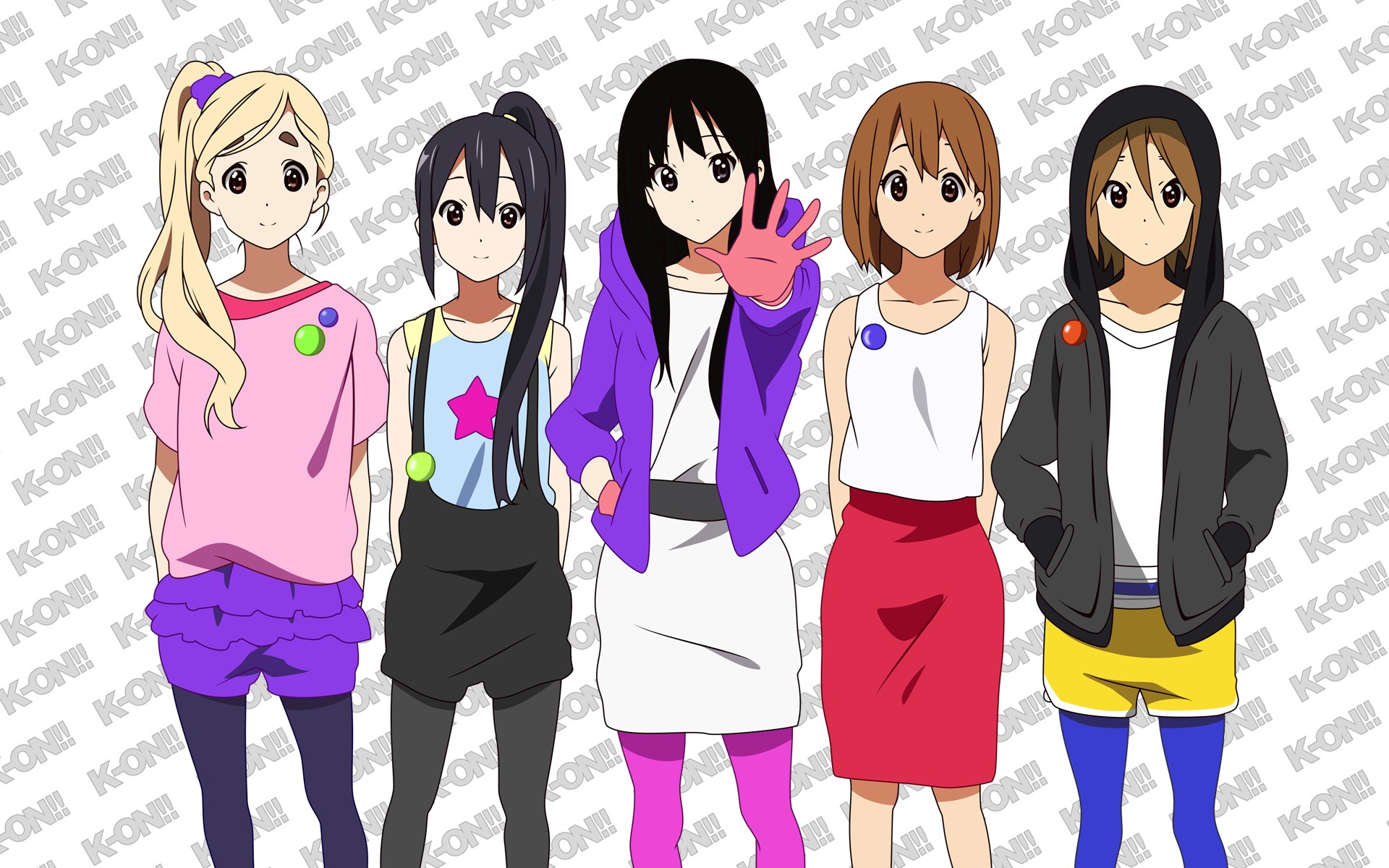 Anime 1920x1200 K-ON! Akiyama Mio Hirasawa Yui Kotobuki Tsumugi Nakano Azusa Tainaka Ritsu anime girls anime standing women group of women colorful line-up
