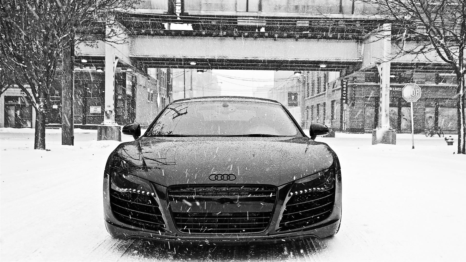 General 1920x1080 car monochrome Audi Audi R8 frontal view vehicle snow winter urban city mid-engine German cars Volkswagen Group