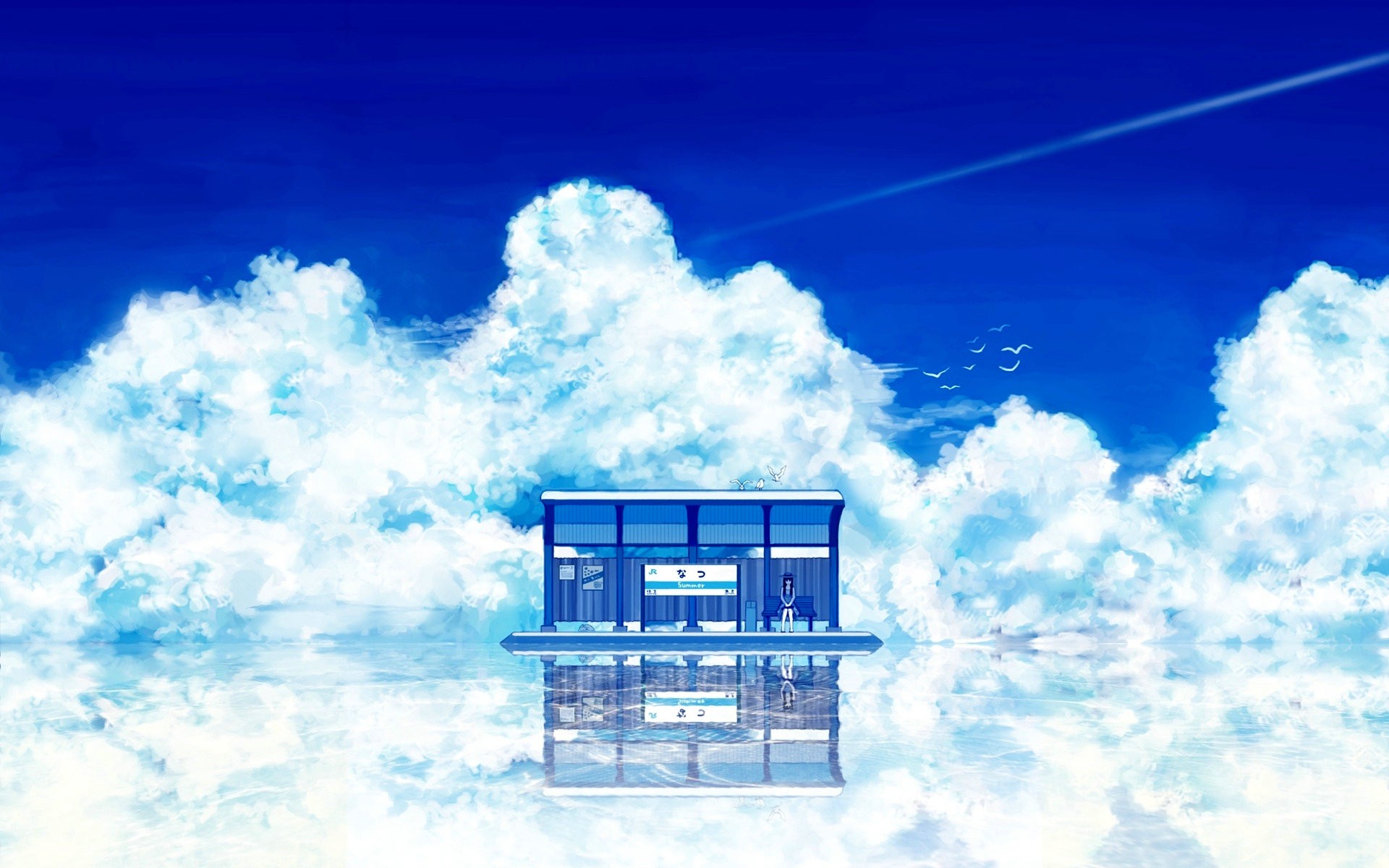 Anime 1920x1200 sky abstract alone anime girls artwork sitting clouds reflection