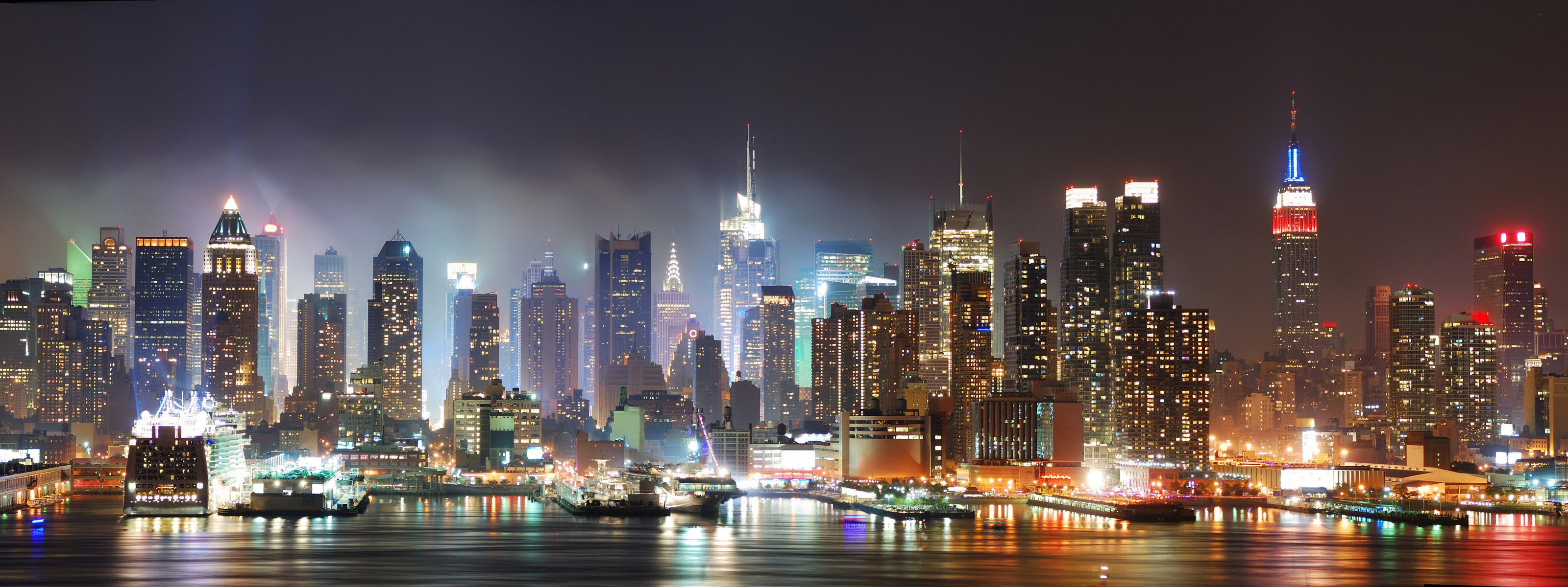 General 3200x1200 cityscape Manhattan night city lights city USA skyline low light ultrawide