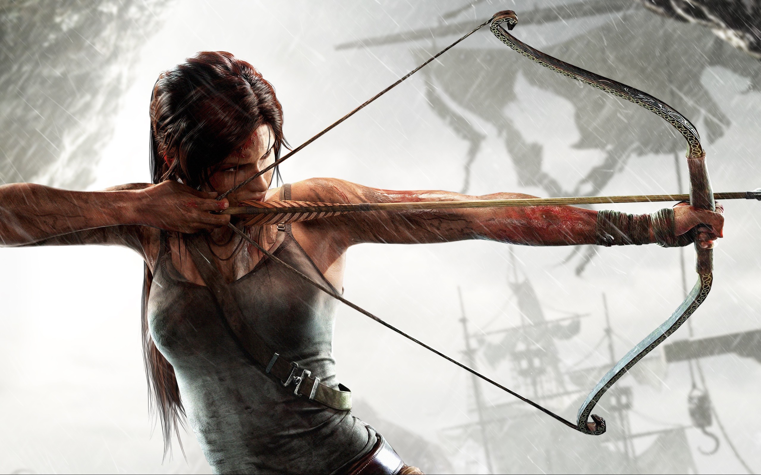 General 2560x1600 video games bow arrows video game girls women Tomb Raider Lara Croft (Tomb Raider) Tomb Raider (2013) Crystal Dynamics rain aiming bow and arrow video game characters blood wounds long hair
