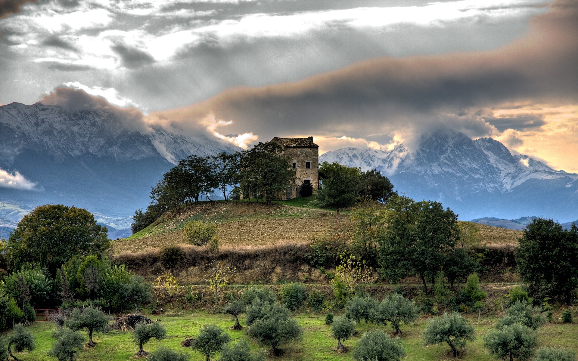 General 1920x1200 landscape nature sky HDR architecture old building hills trees house mountains snowy peak clouds ruins snowy mountain Italy
