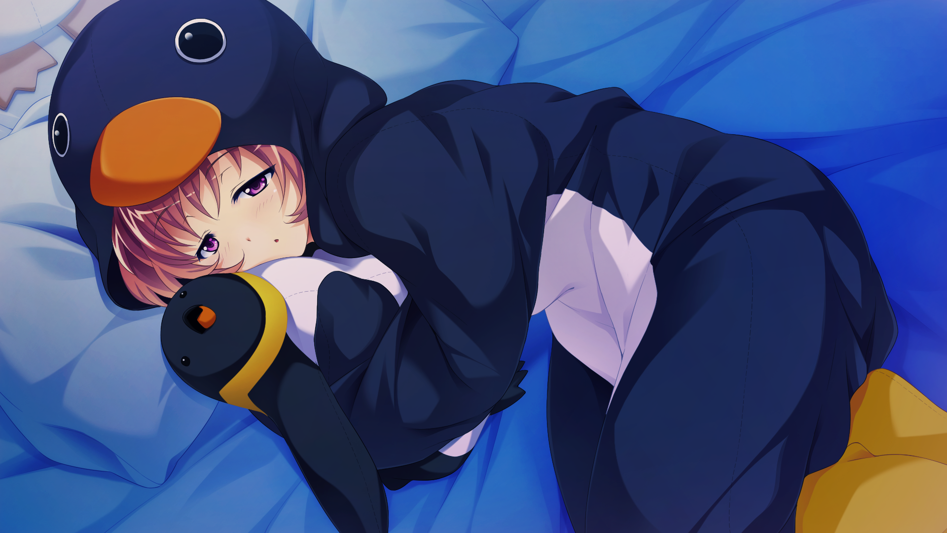 Anime 1920x1080 manga anime girls in bed anime purple eyes lying down looking at viewer