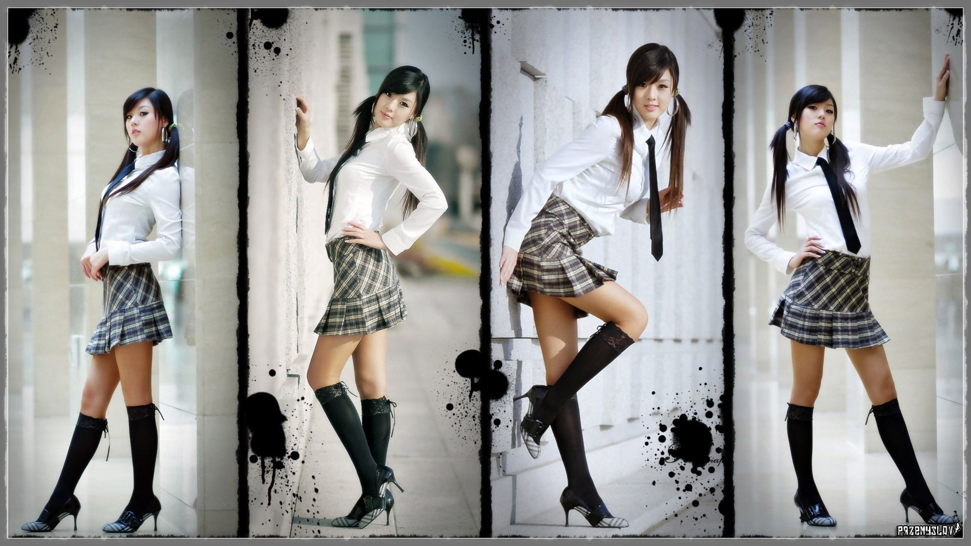People 1920x1080 collage school uniform model Korean women Asian standing knee-highs high heels twintails brunette