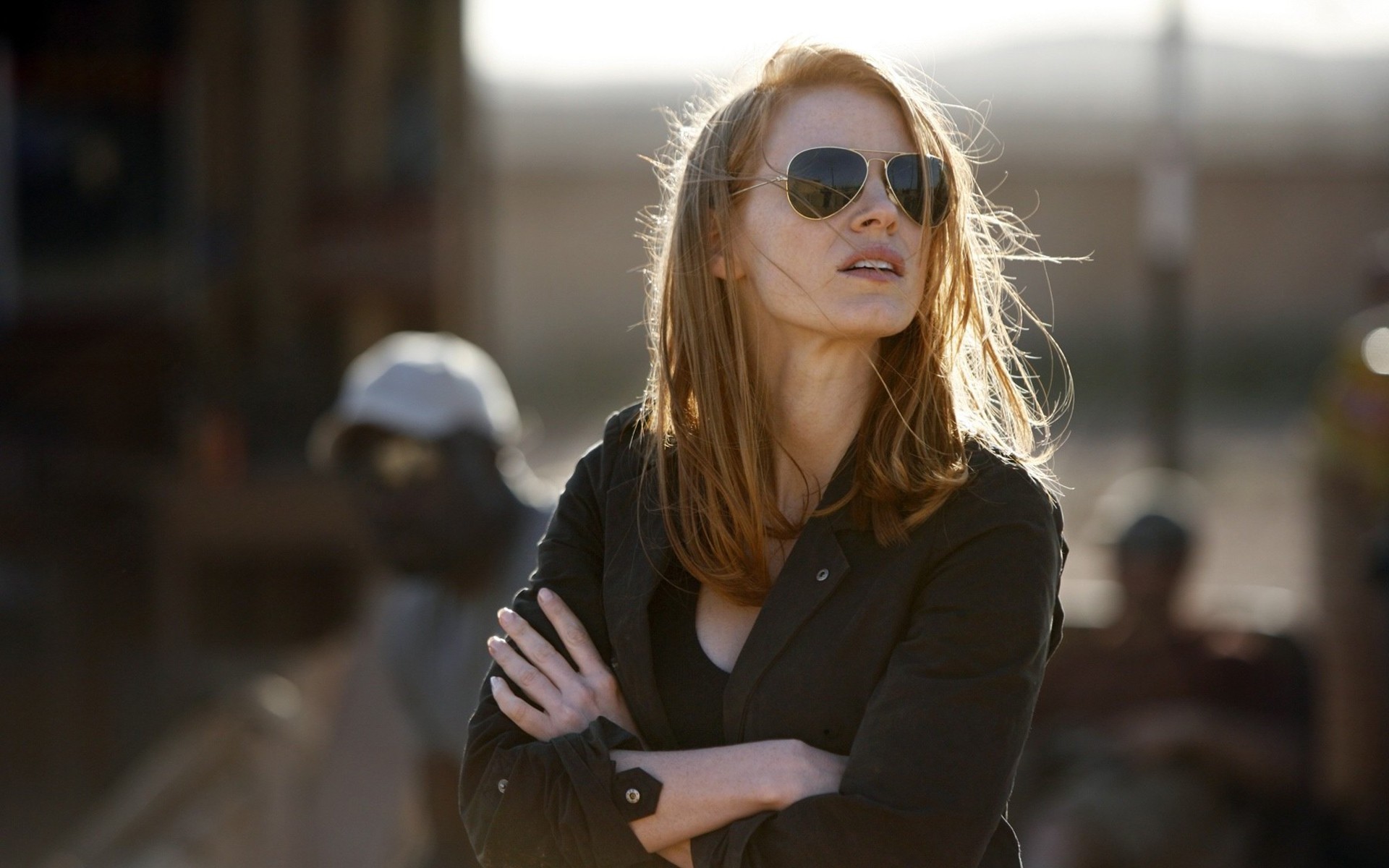 People 1920x1200 Jessica Chastain women redhead glasses movies women with shades sunglasses actress celebrity arms crossed American women