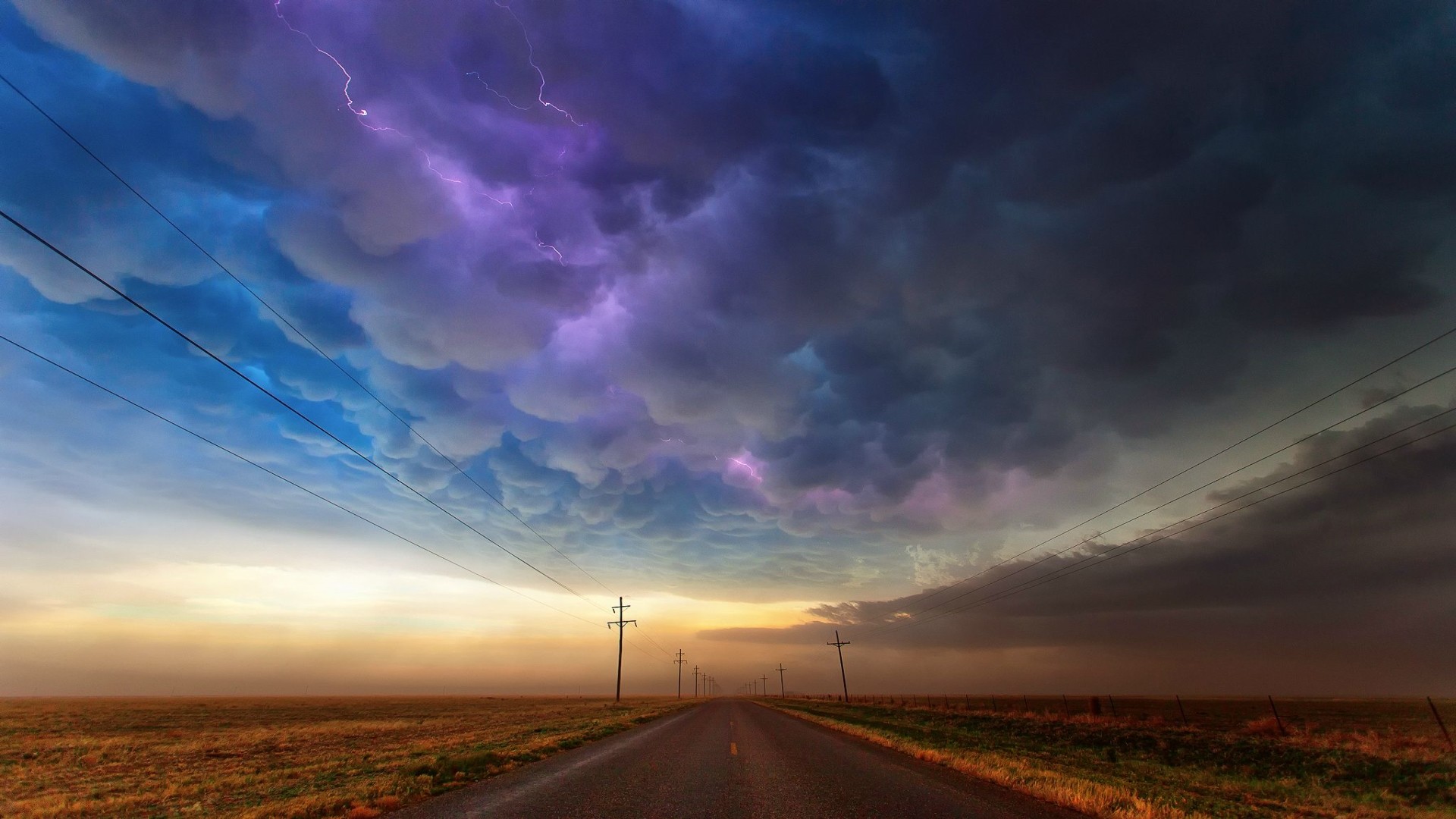 General 1920x1080 clouds road lightning power lines storm plains purple far view blue long road