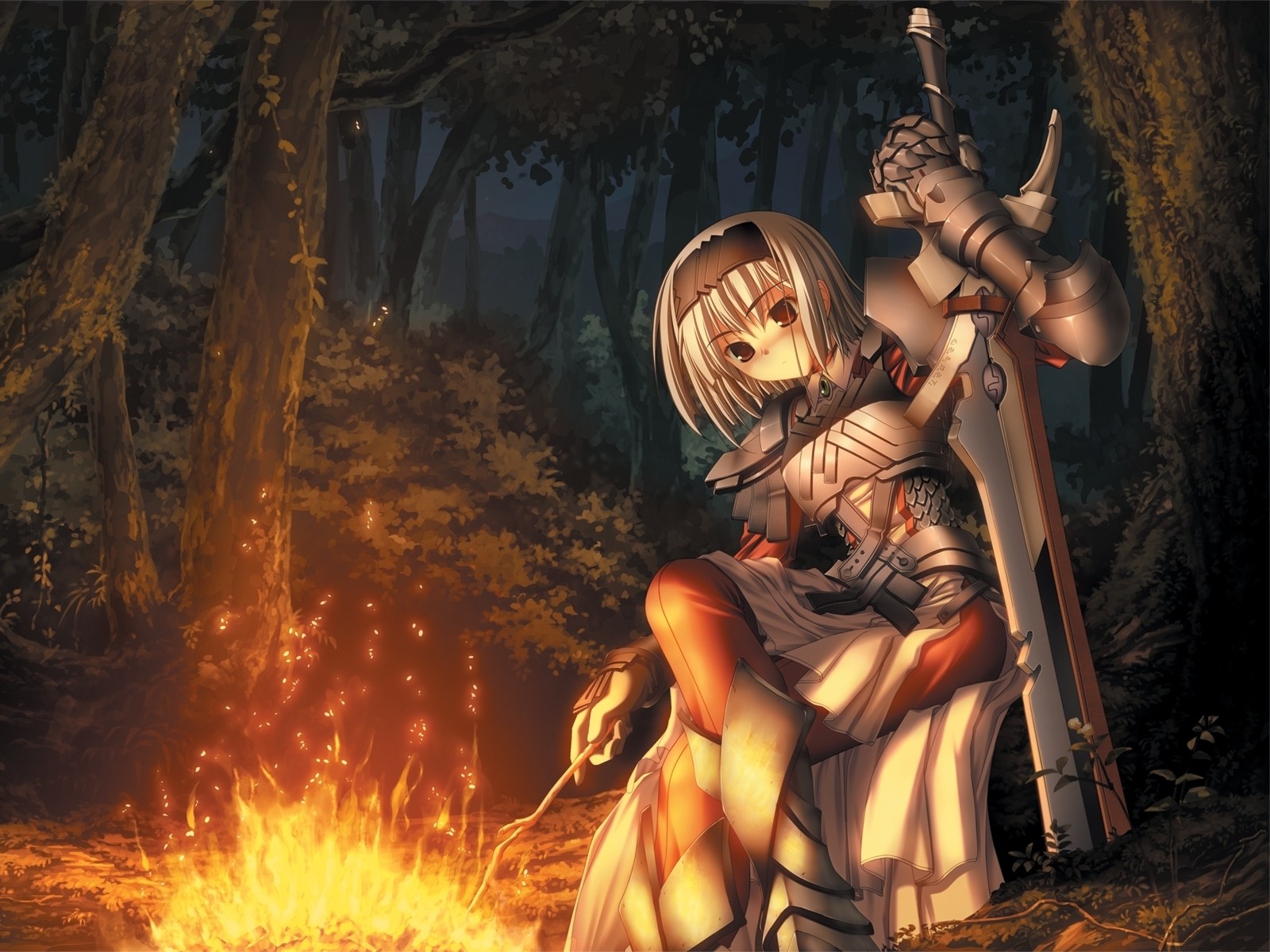 Anime 1600x1200 anime girls fantasy girl fire warrior sword fantasy art forest anime fantasy armor