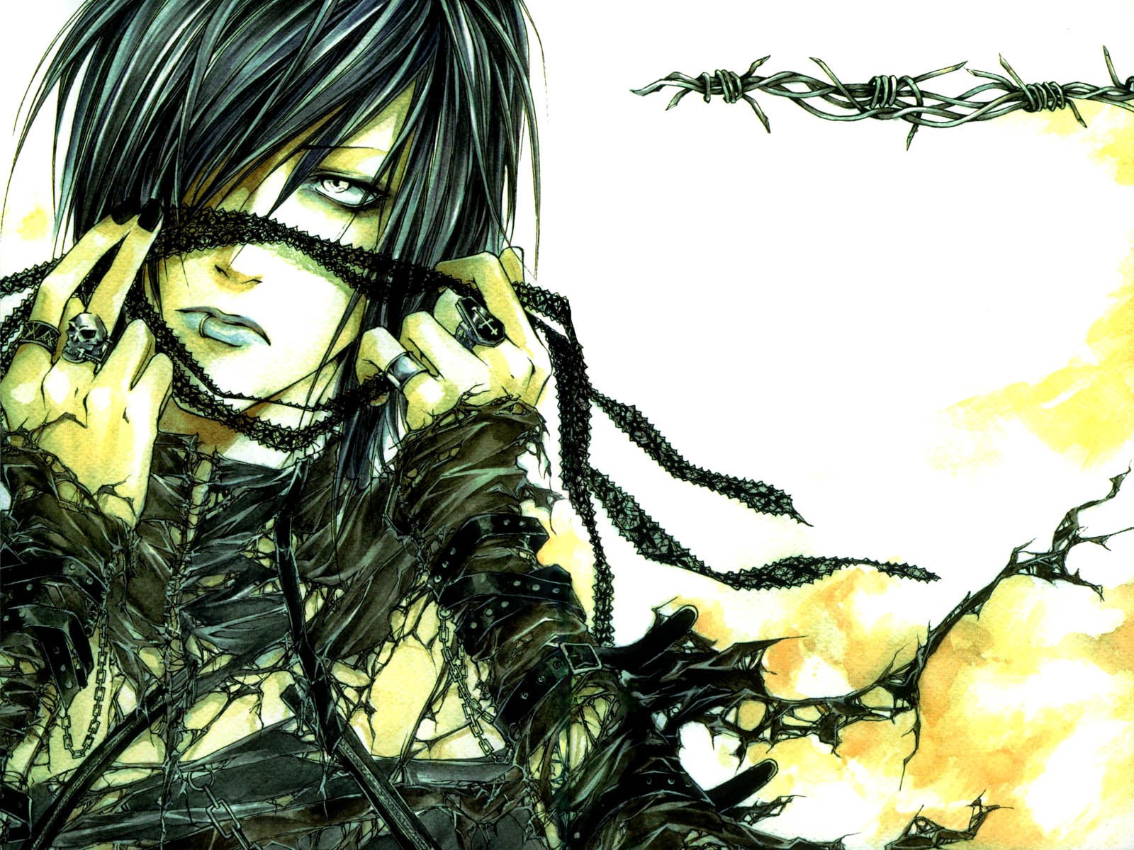 Anime 1600x1200 rings face barbed wire women dark hair piercing pierced lip painted nails black nails