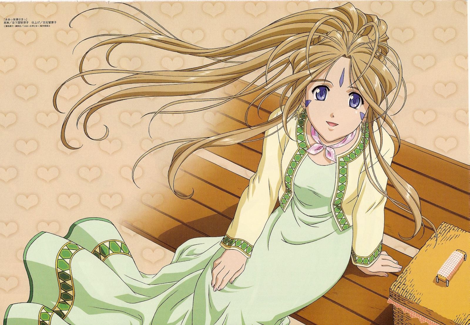 Anime 1600x1109 Ah! My Goddess! Belldandy anime girls bench anime purple eyes brunette dress green dress sitting looking up