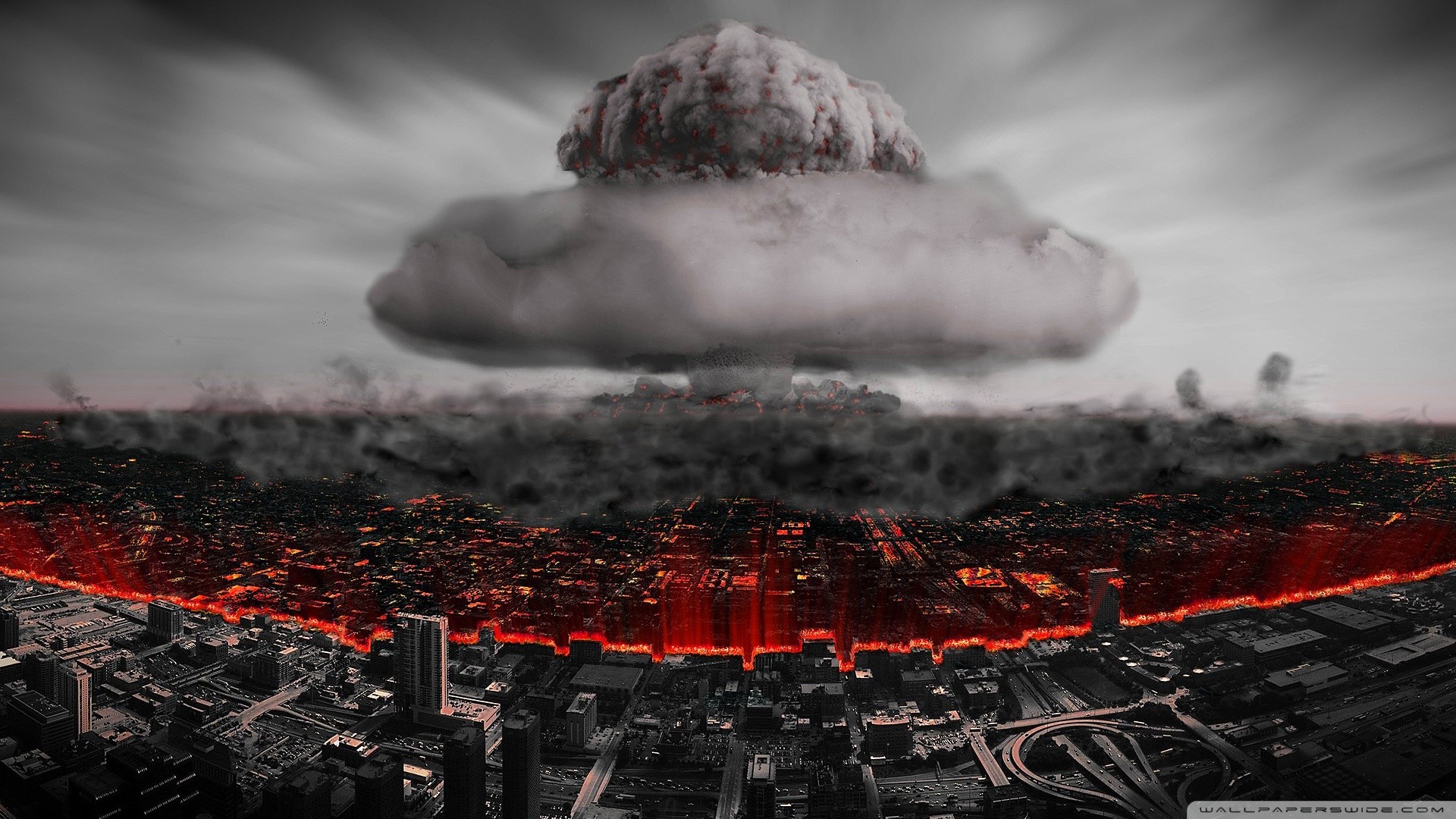 General 1920x1080 bombs city cityscape ruins nuclear explosion selective coloring atomic bomb apocalyptic digital art