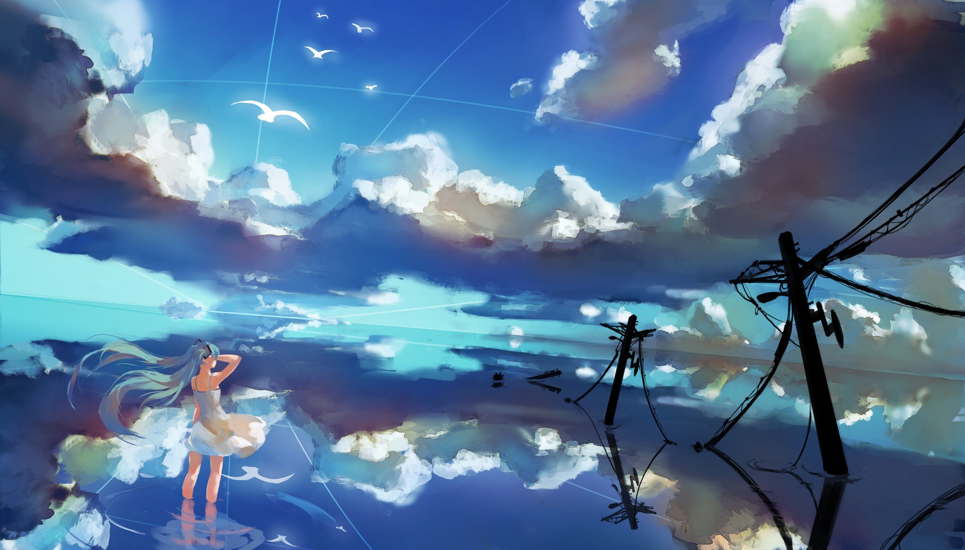 General 1920x1095 sea anime sky clouds reflection outdoors women outdoors Vocaloid Hatsune Miku long hair standing hair blowing in the wind power lines anime girls alone wind dress blue hair