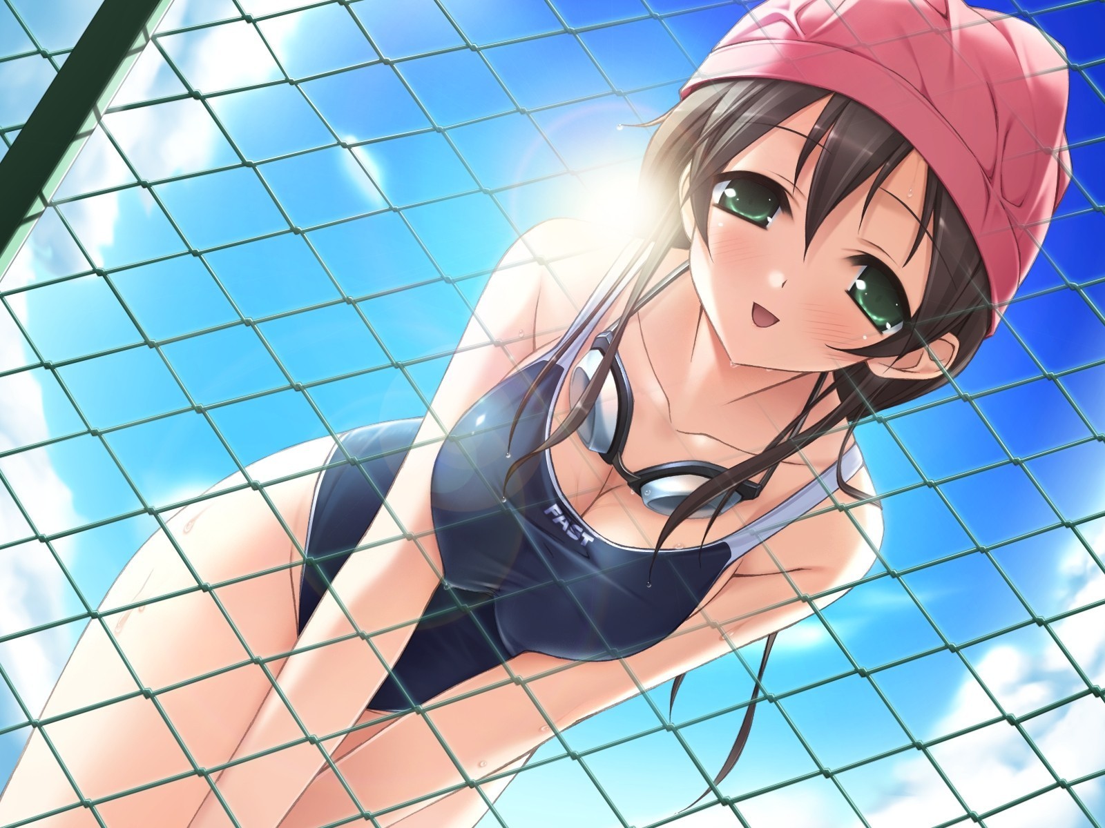 Anime 1600x1200 anime anime girls swimwear Natsu no Ame big boobs boobs green eyes brunette looking at viewer one-piece swimsuit