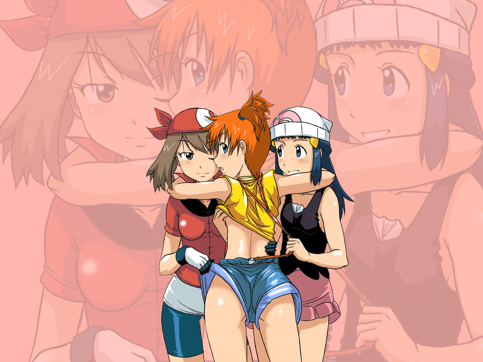 Anime 1600x1200 Misty (Pokémon) ass Dawn (Pokémon) anime women trio brunette redhead blue hair rear view May (Pokémon) anime girls zoom layer