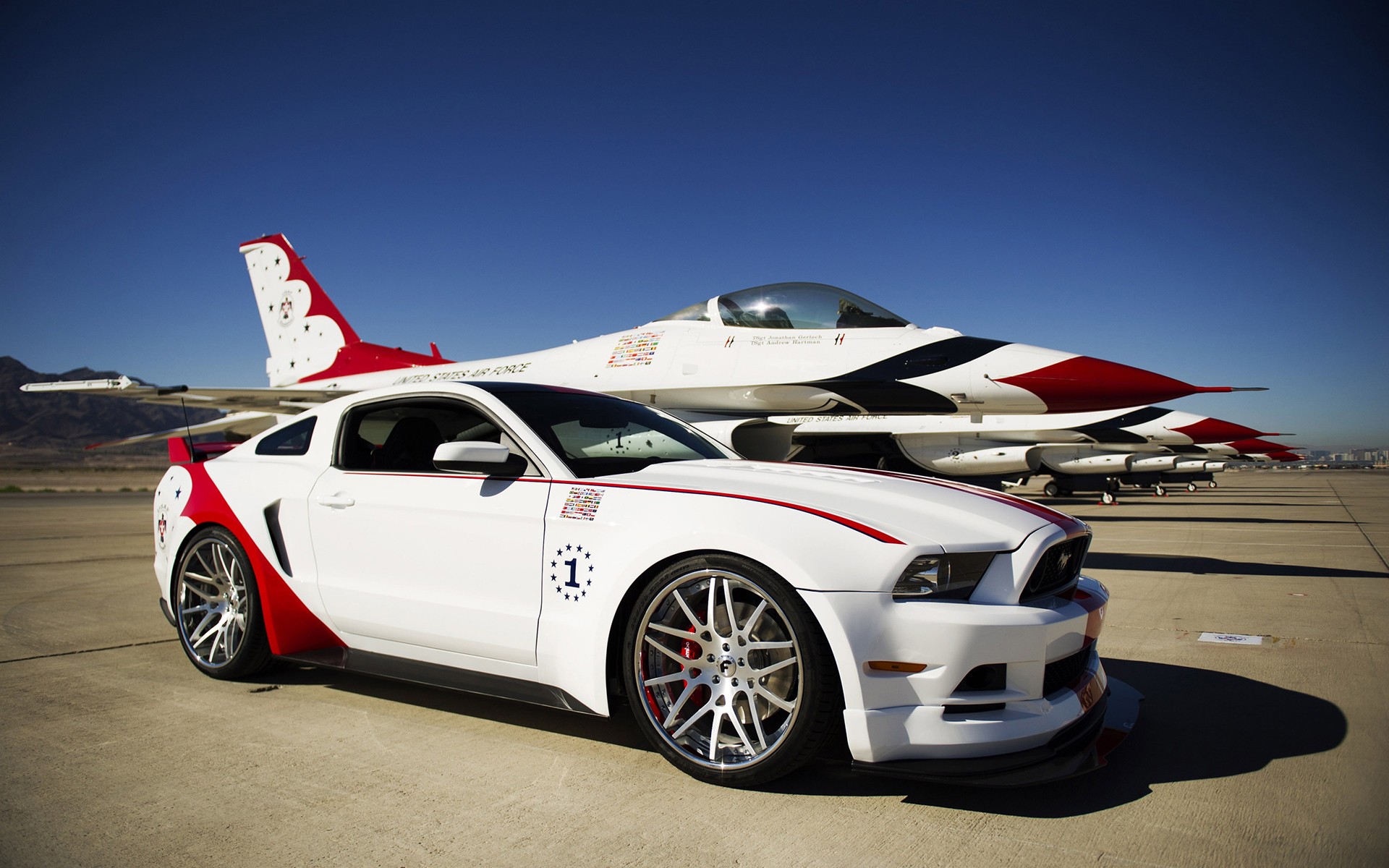 General 1920x1200 car Ford Ford Mustang General Dynamics F-16 Fighting Falcon thunderbirds Ford Mustang GT US AirForce Edition vehicle aircraft military military aircraft military vehicle white cars Ford Mustang S-197 II