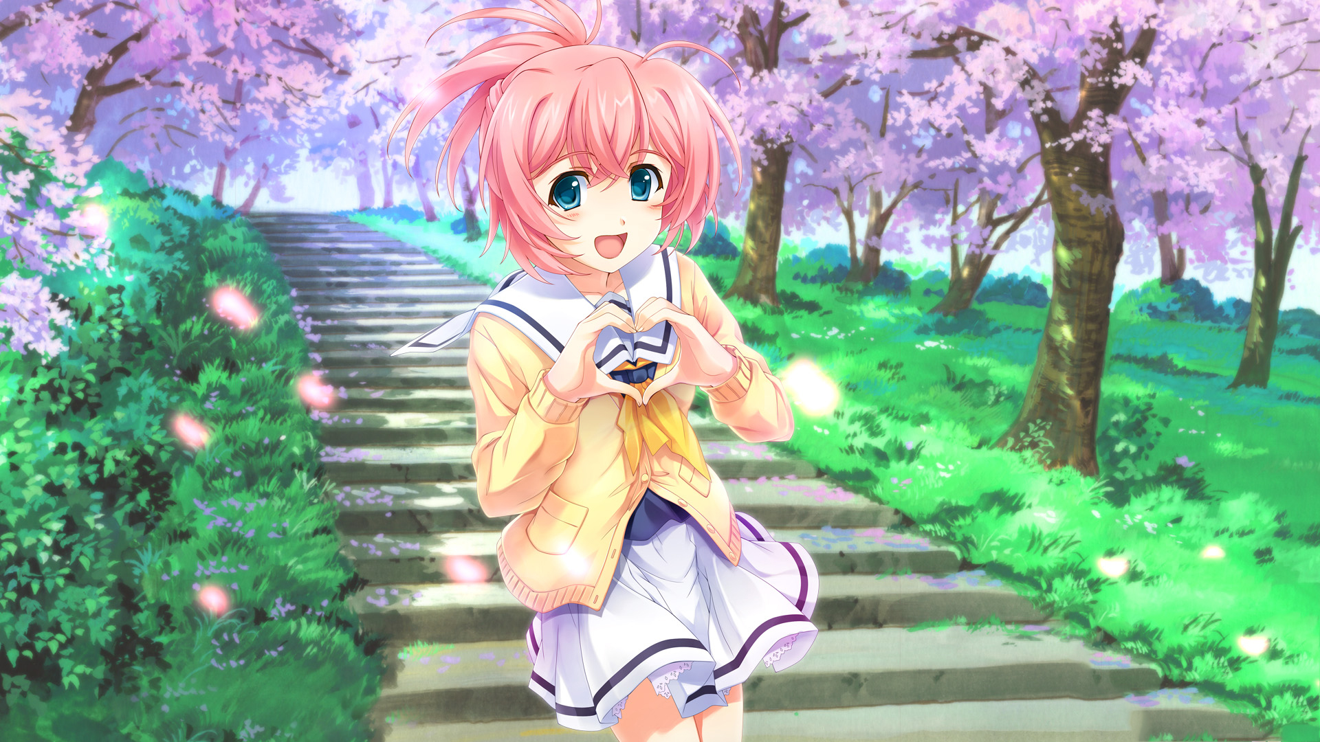 Anime 1920x1080 anime girls anime pink hair miniskirt outdoors park open mouth trees colorful women women outdoors flowers plants stairs looking at viewer heart (design)