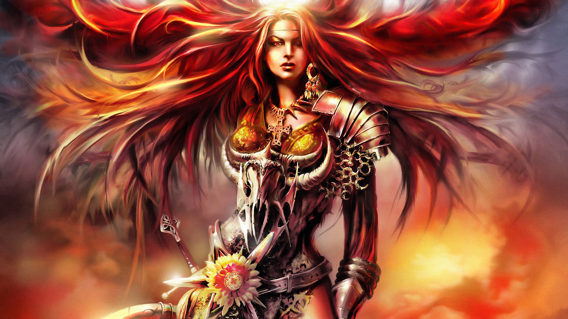 General 1920x1080 fantasy girl redhead long hair armored women fantasy armor red eyes looking at viewer