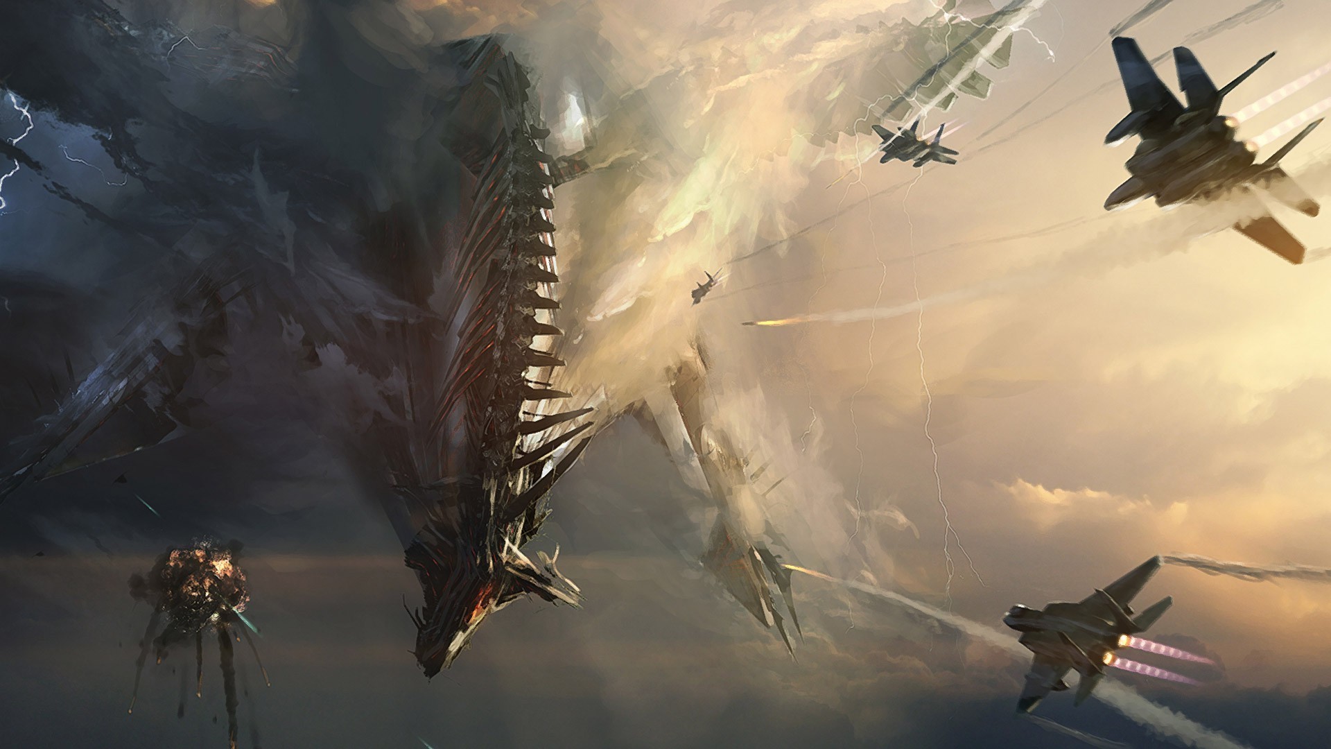 General 1920x1080 artwork fantasy art dragon jets war sky battle creature military military aircraft aircraft vehicle military vehicle