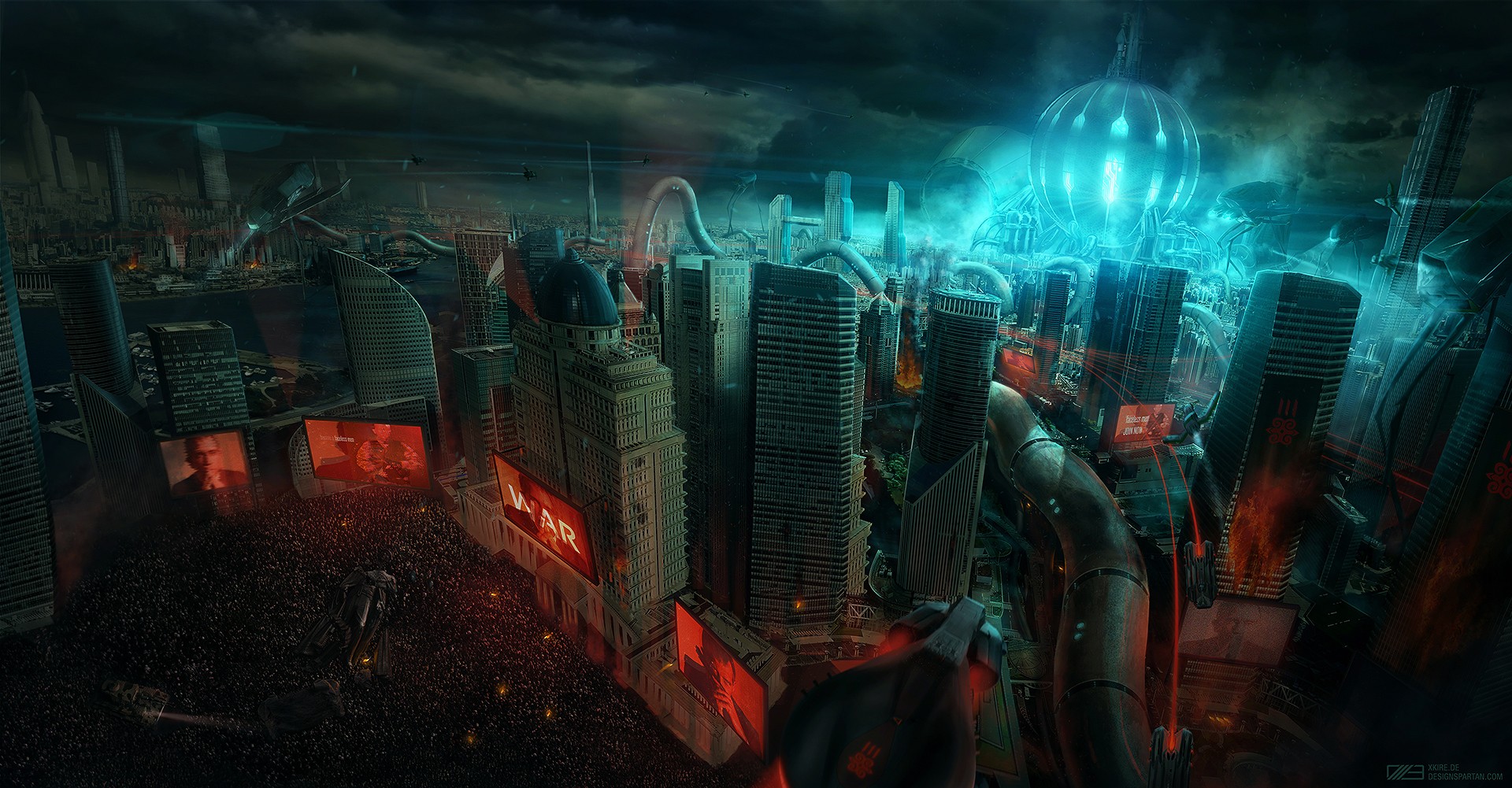 General 1920x1001 digital art city robot war aliens science fiction dark futuristic city apocalyptic cyan