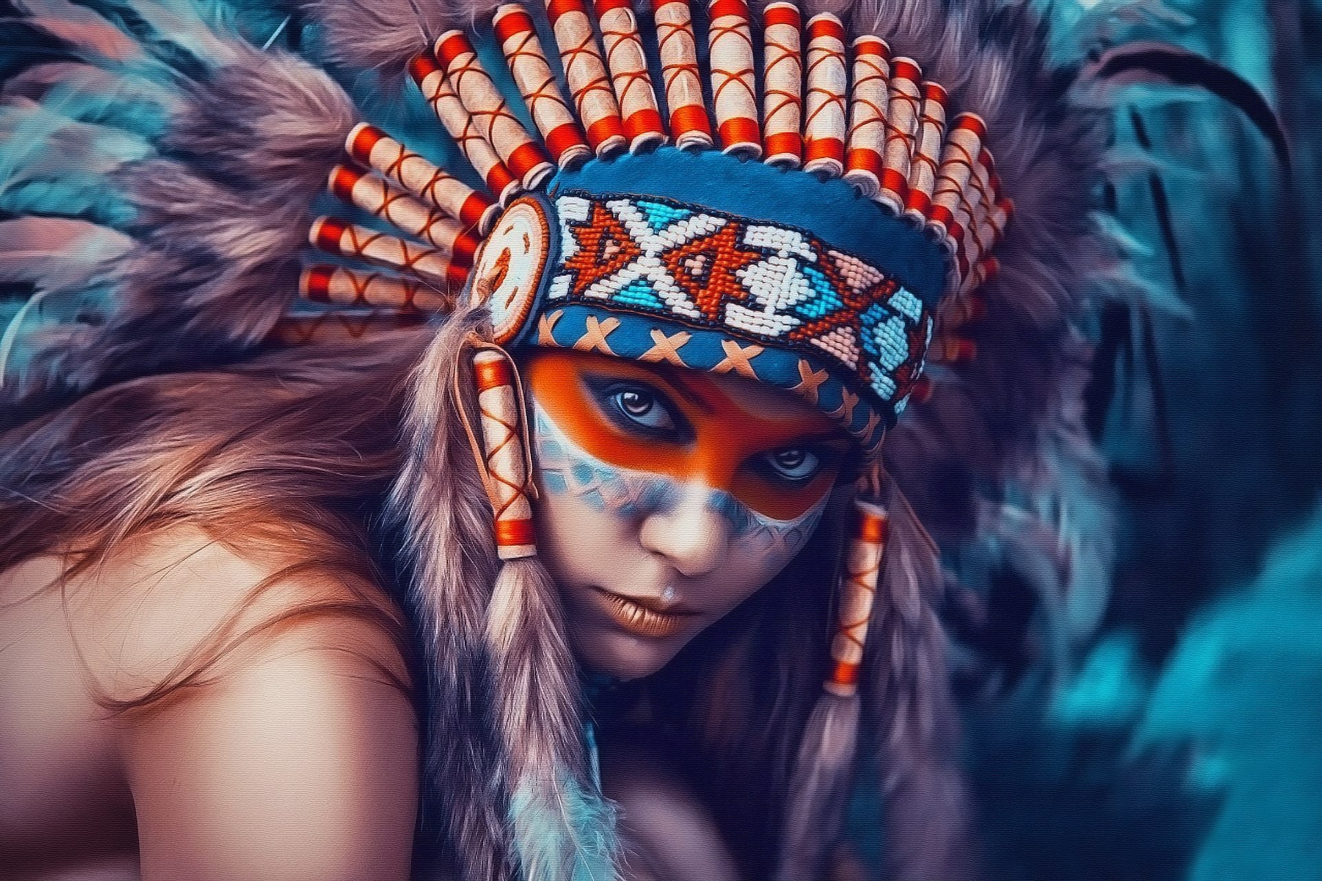 People 1920x1280 women face portrait headdress face paint artwork colorful painting eyes feathers model looking at viewer lipstick Native American clothing