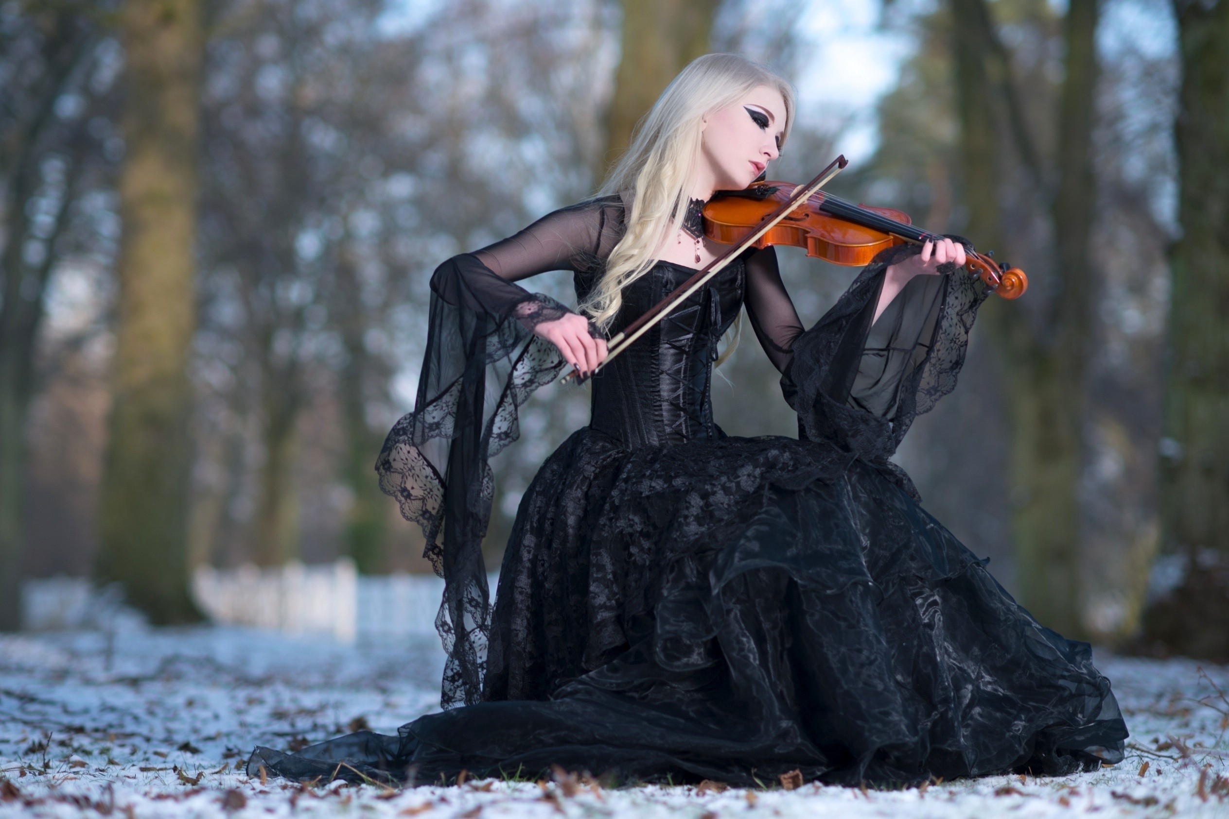 People 2528x1686 violin women women outdoors Gothic snow wood Maria Amanda music musical instrument winter frost cold outdoors dress black dress black clothing makeup lipstick eyeliner dyed hair long hair sitting