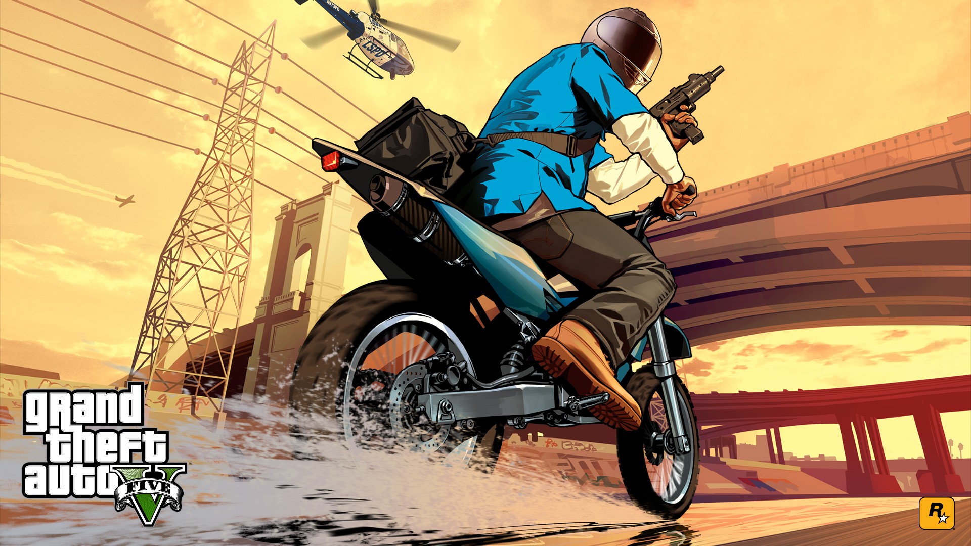 General 1920x1080 video games video game art motorcycle vehicle gangster PC gaming Grand Theft Auto V machine gun crime police helicopters