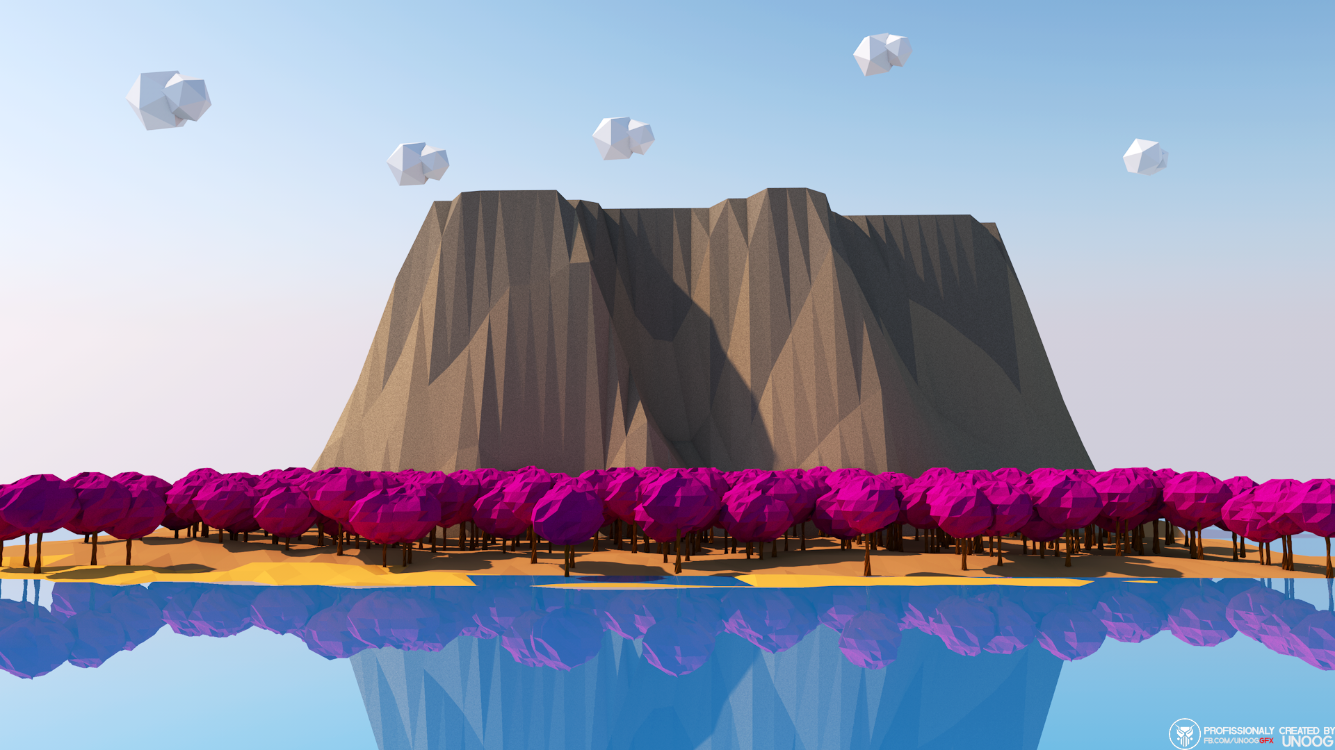 General 1920x1080 low poly trees mountains reflection CGI digital art rocks nature landscape clouds sky water