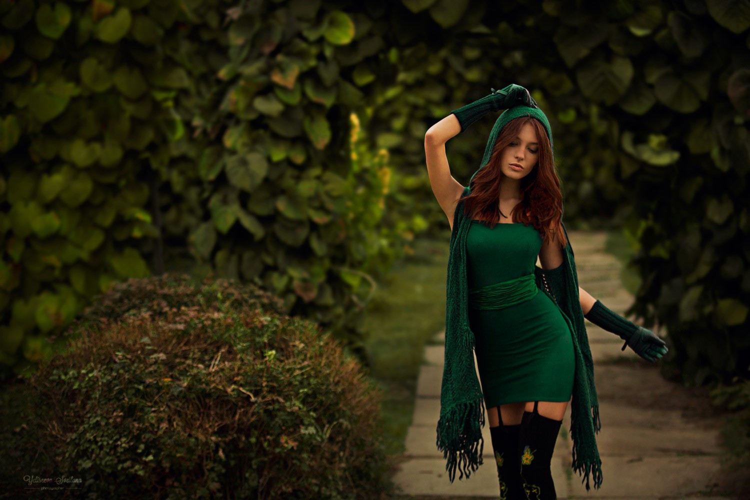 People 1500x1000 women model redhead minidress path scarf gloves green dress women outdoors nature outdoors arms up dress green clothing stockings looking away plants standing long hair dyed hair