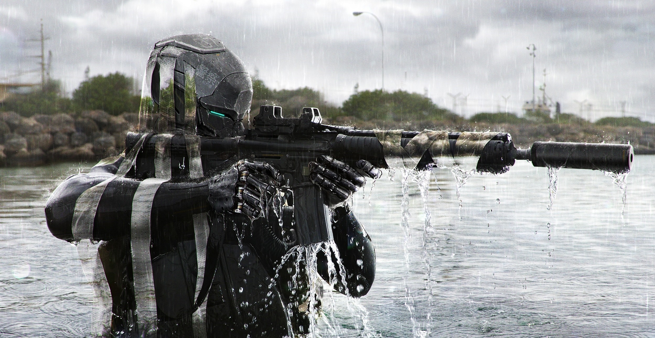 General 2498x1290 artwork futuristic soldier gun AR-15 suppressors weapon water digital art