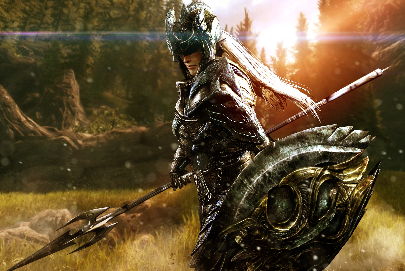 General 1600x1072 The Elder Scrolls V: Skyrim ENB video games elves RPG PC gaming fantasy armor spear shield video game art fantasy art long hair armor