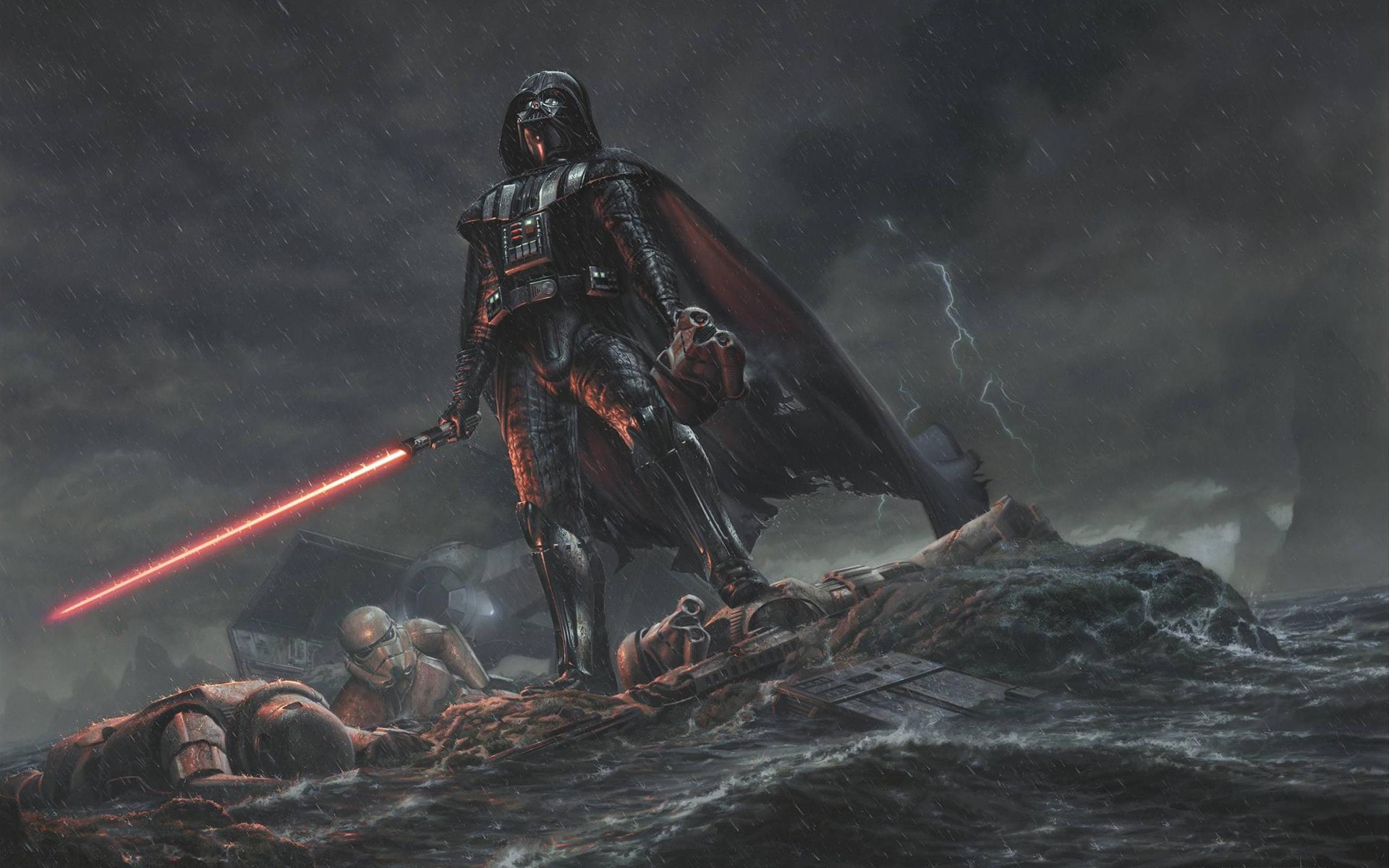 General 1920x1200 digital art movies Star Wars drawing Darth Vader Star Wars Villains lightning rain standing science fiction