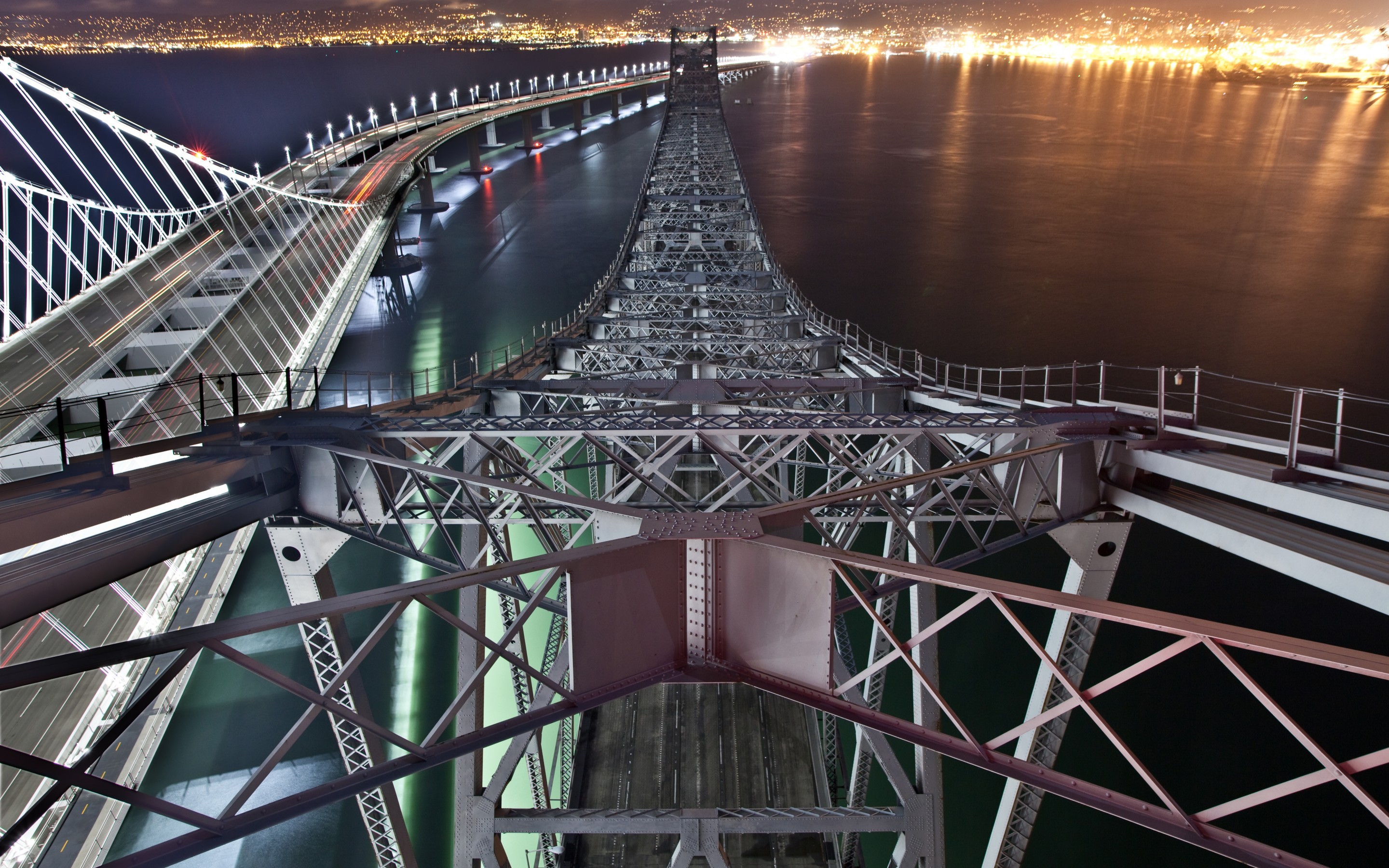 General 2880x1800 architecture San Francisco Bay USA bridge metal construction water sea night cityscape lights light trails long exposure