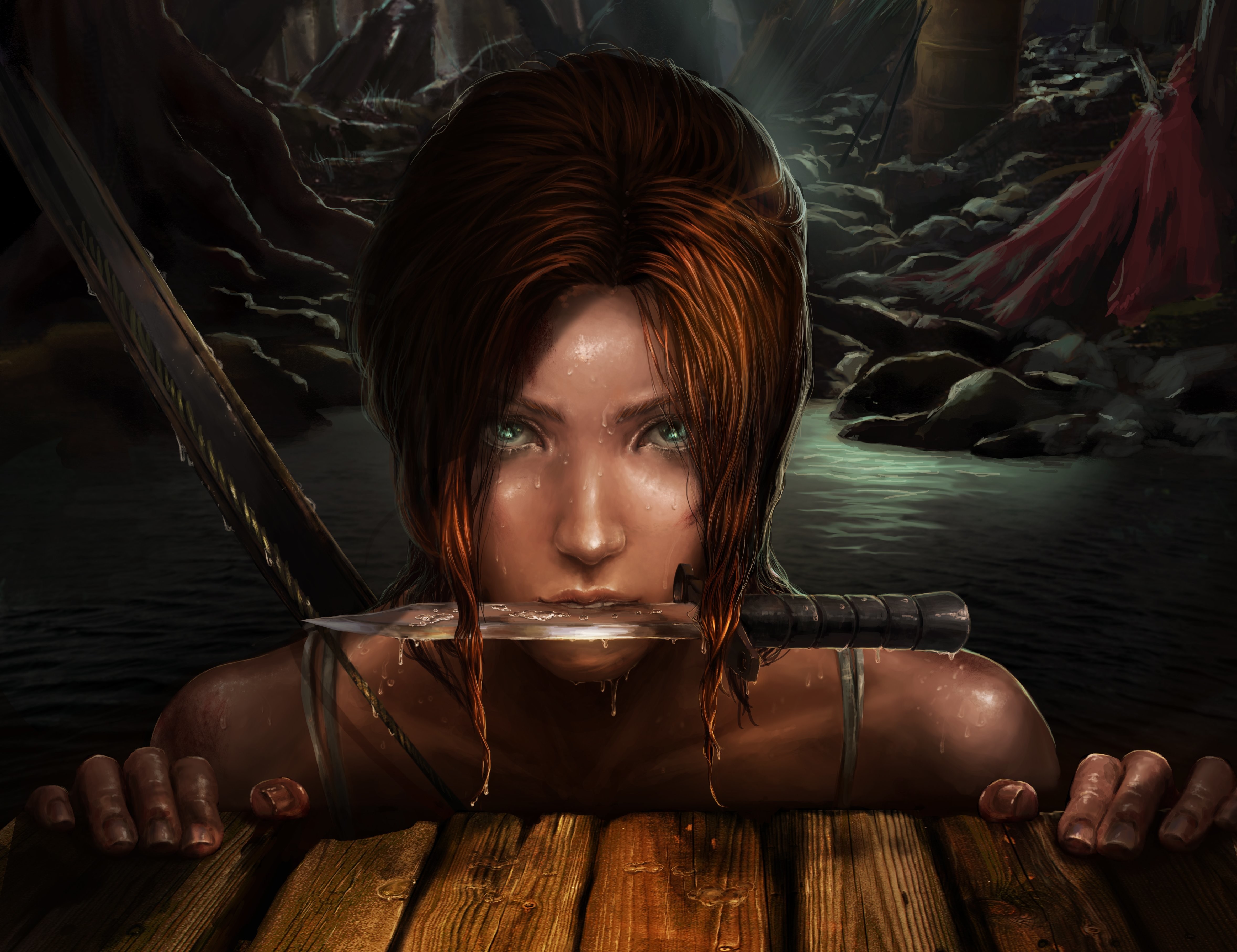 General 4714x3628 Tomb Raider video games video game characters video game girls knife weapon looking at viewer PC gaming video game art wet body Lara Croft (Tomb Raider)