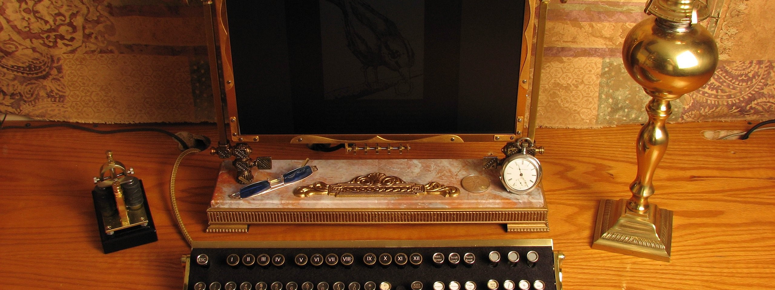General 2560x960 steampunk keyboards numbers technology clocks computer
