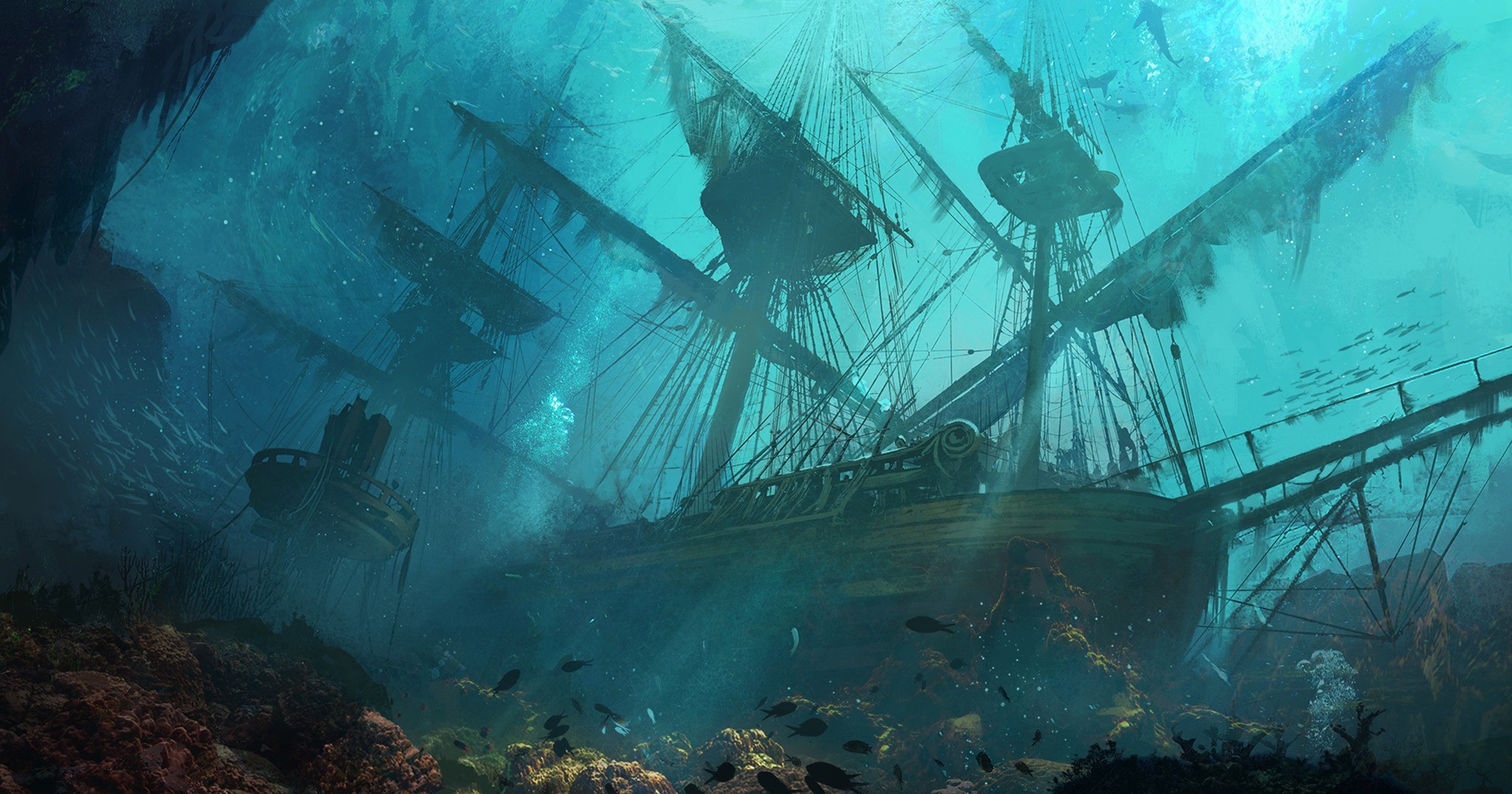 General 2055x1080 artwork sinking ships ship drawing sea fantasy art shipwreck underwater turquoise cyan teal wreck vehicle