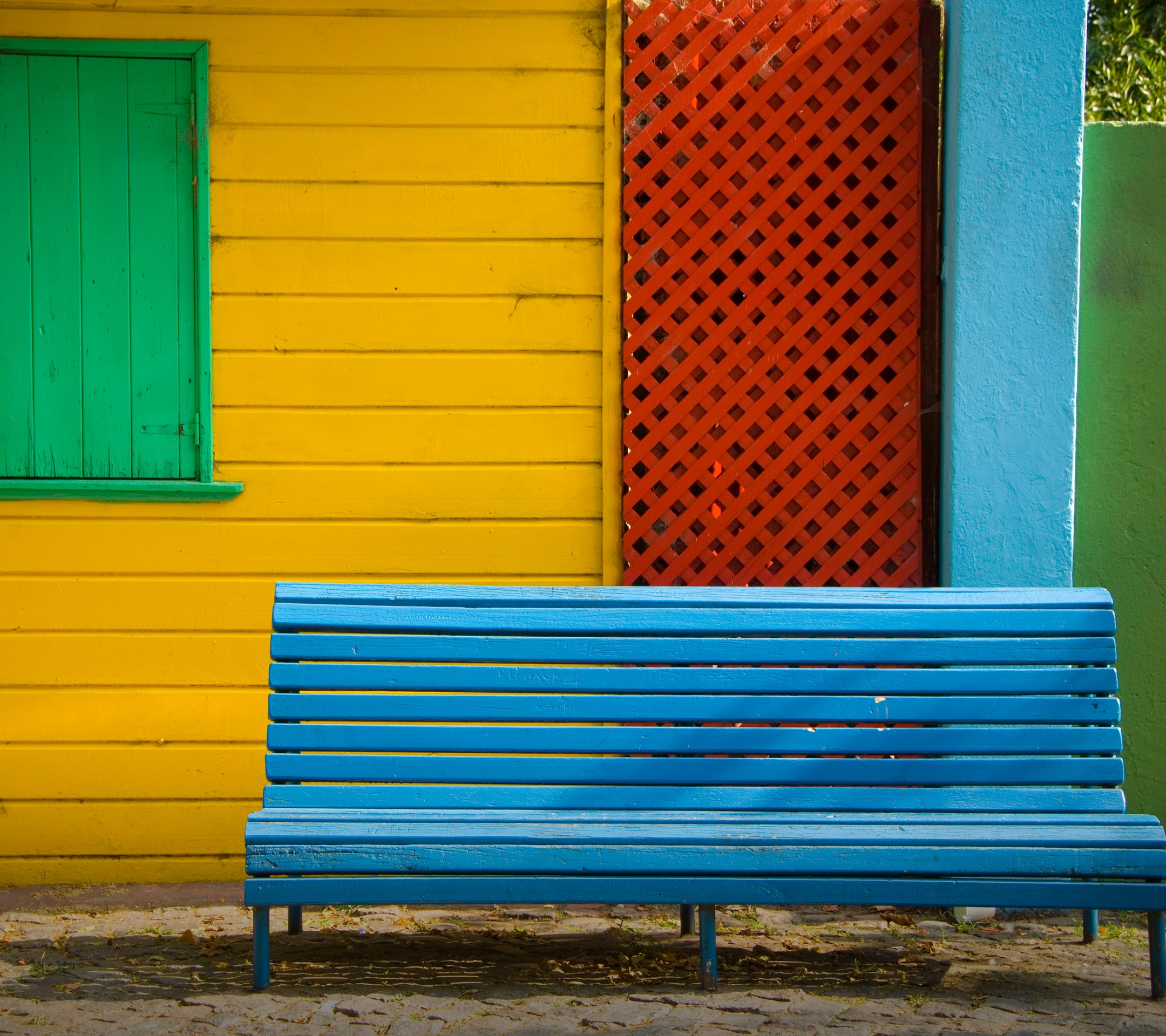 General 2160x1920 colorful bench outdoors blue green yellow red house