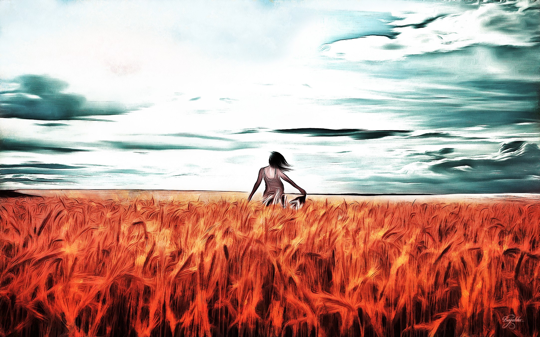 General 2165x1353 field artwork women outdoors sky wheat plants outdoors landscape black hair
