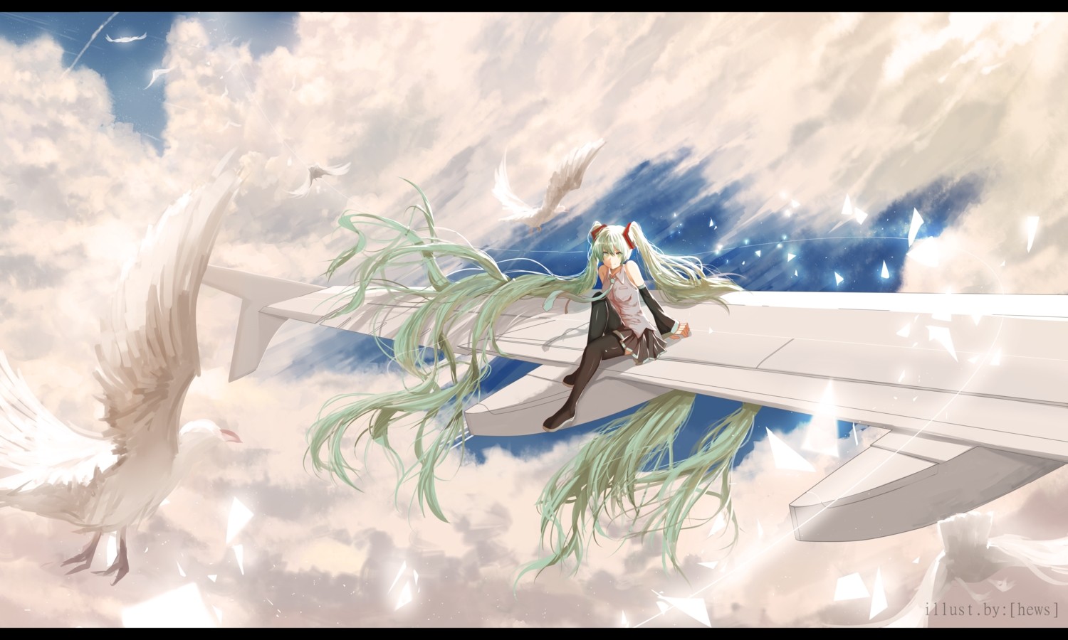 Anime 1500x900 Hatsune Miku Vocaloid twintails birds long hair anime green hair aircraft vehicle sitting anime girls sky clouds