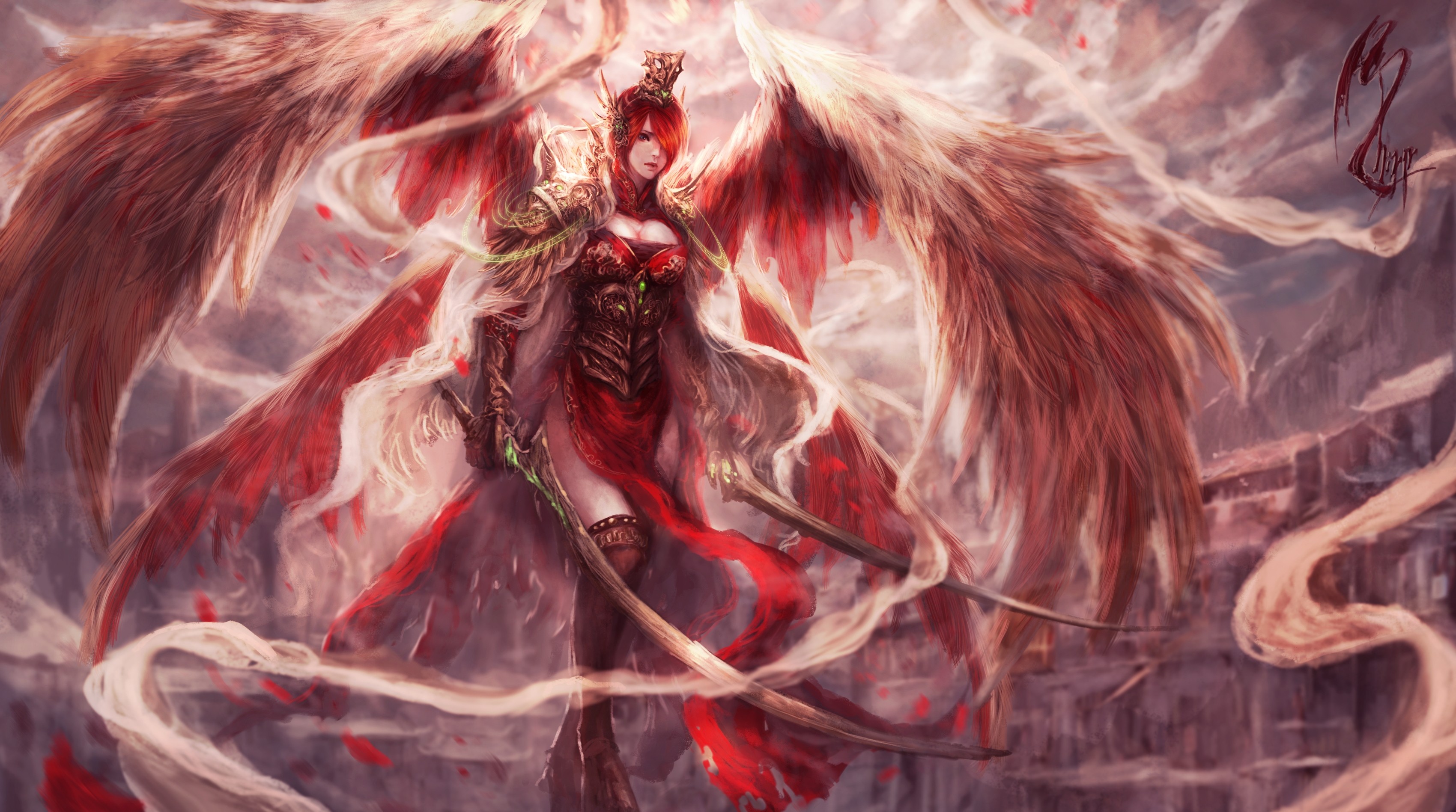 General 3400x1898 fantasy art sword wings fantasy girl redhead weapon women with swords