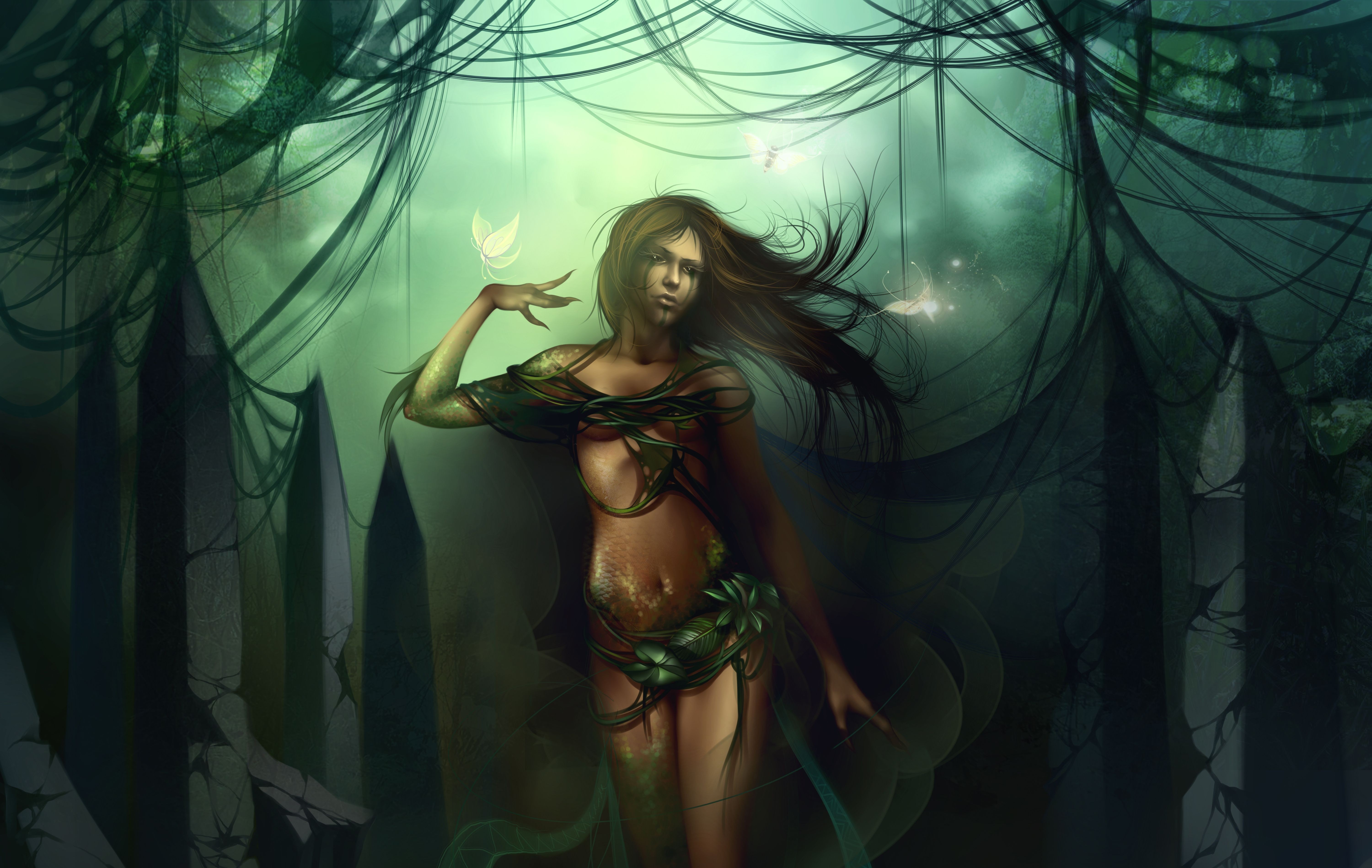 General 6000x3796 fantasy art women fantasy girl long hair plants standing belly brunette artwork