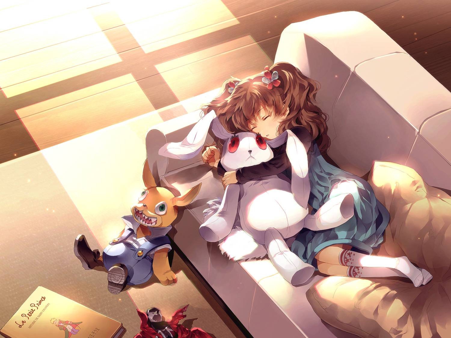 Anime 1500x1125 anime girls anime plush toy women indoors indoors sleeping legs legs together closed eyes