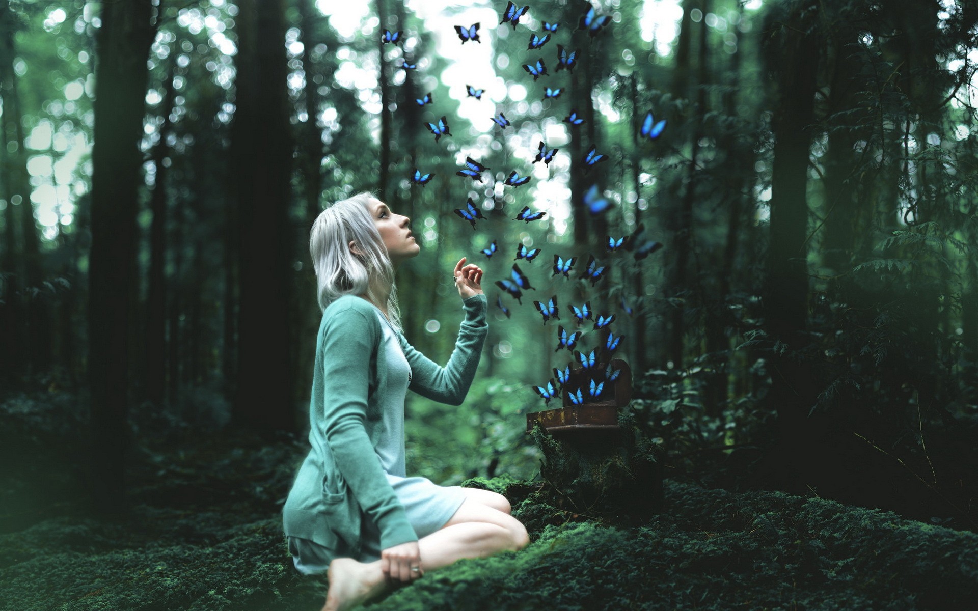 People 1920x1200 women women outdoors blonde platinum blonde side view focused barefoot green dress sitting profile outdoors looking up kneeling trees butterfly insect animals dress dyed hair