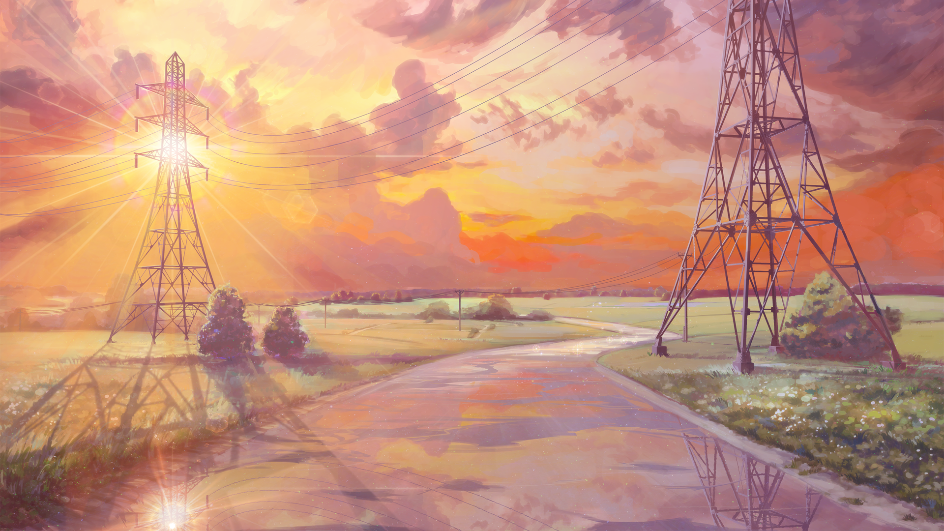 Anime 1920x1080 reflection power lines Everlasting Summer (visual novel) clouds sun rays road utility pole anime sky sunlight landscape pylon