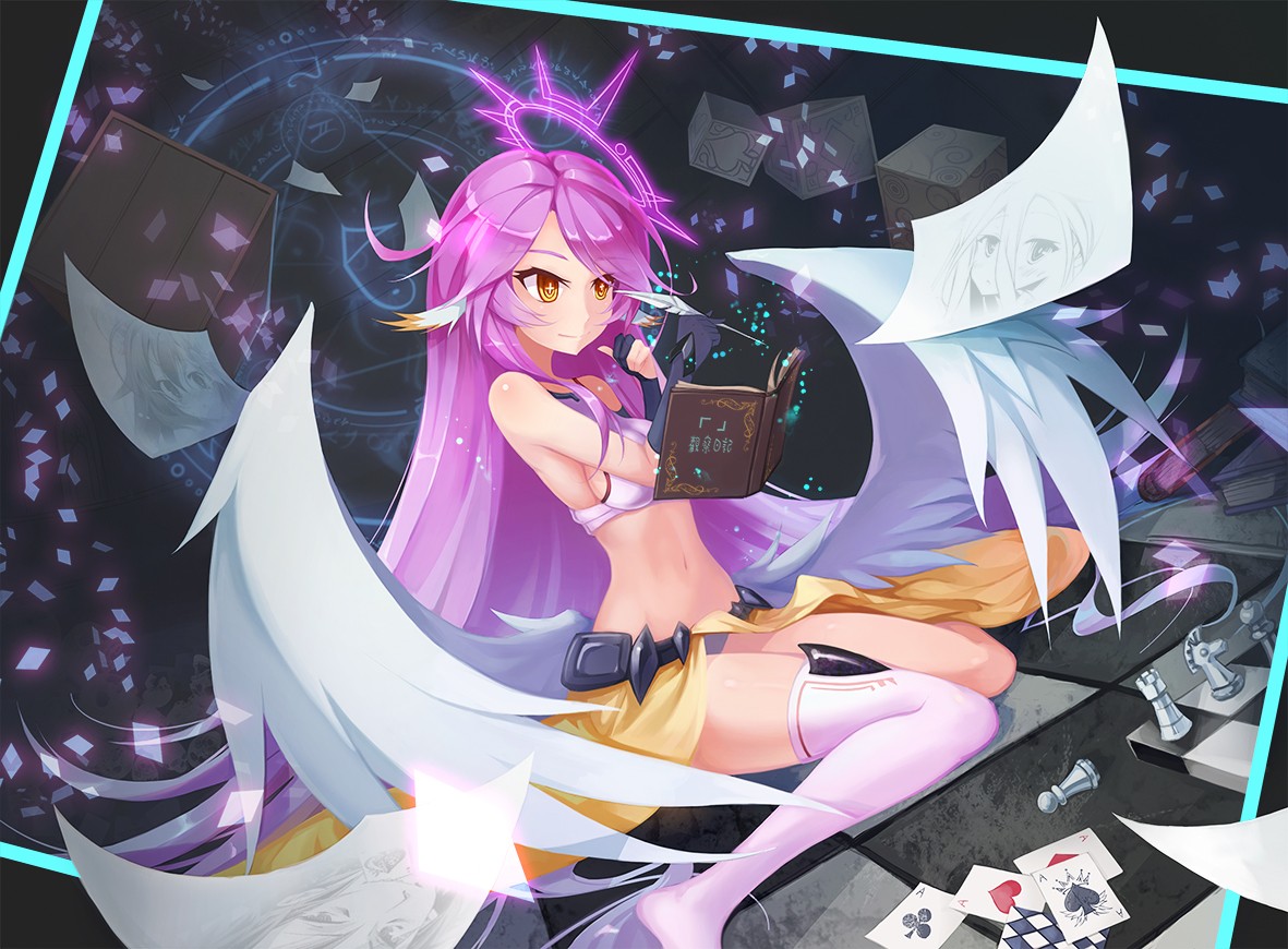 Anime 1181x870 No Game No Life artwork Jibril anime girls anime pink hair yellow eyes belly long hair legs together