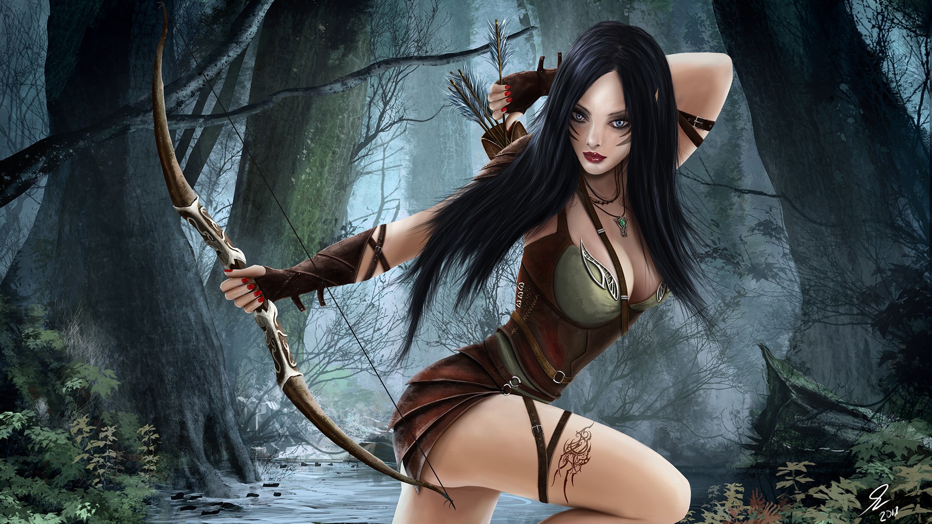 General 1920x1080 fantasy art bow and arrow elves fantasy girl archer painted nails necklace long hair bow