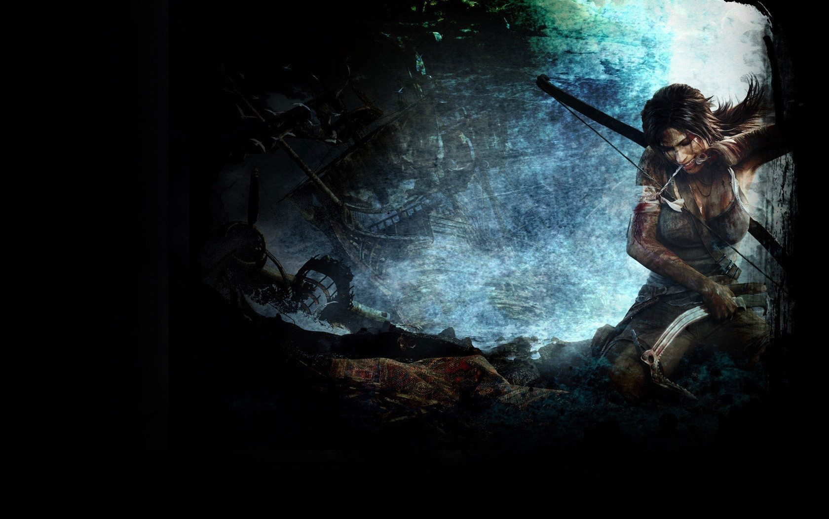 General 1680x1052 Tomb Raider pickaxes bow and arrow shipwreck video games brunette tank top video game art video game girls wounds blood bow PC gaming Lara Croft (Tomb Raider)