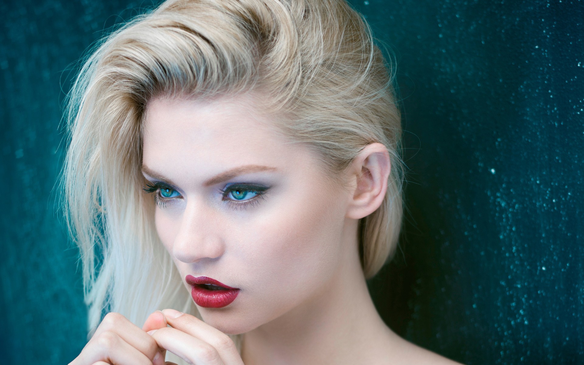 People 1920x1200 women blonde blue eyes red lipstick Martina Dimitrova makeup lipstick face